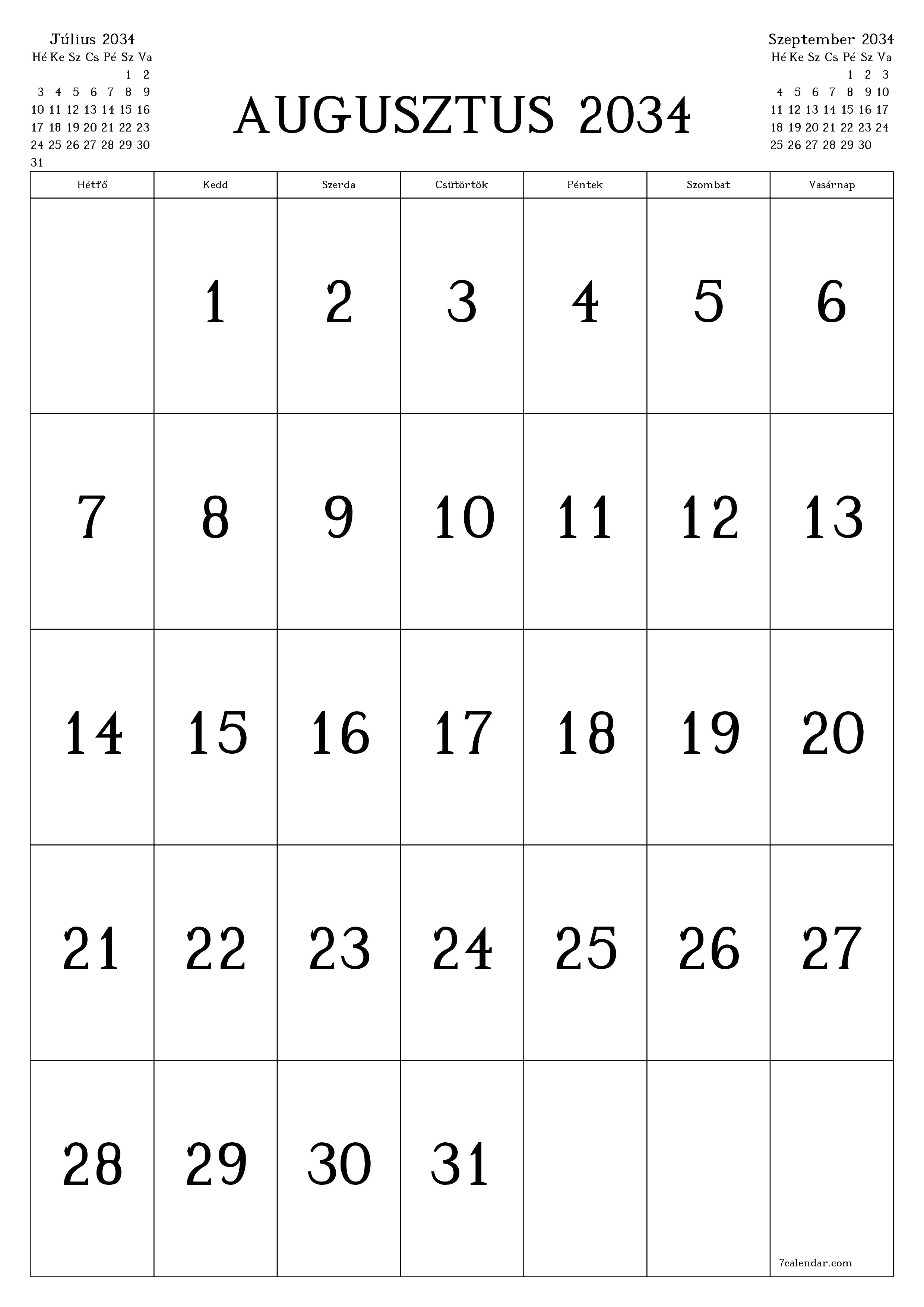 nyomtatható fali sablon ingyenes függőleges Havi naptár Augusztus (Aug) 2034
