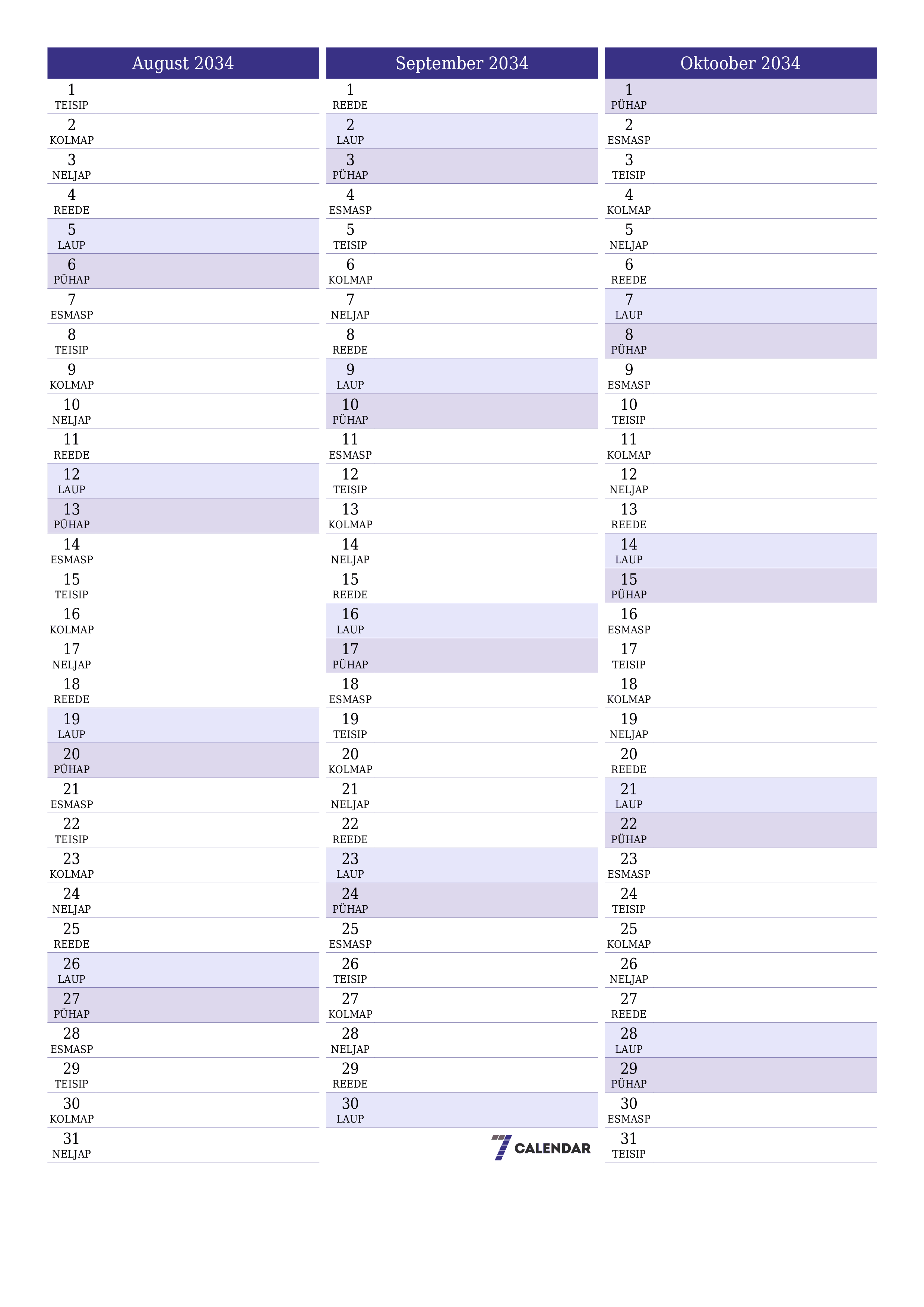 Tühjendage kuu August 2034 kuuplaneerija märkmetega, salvestage ja printige PDF-i PNG Estonian