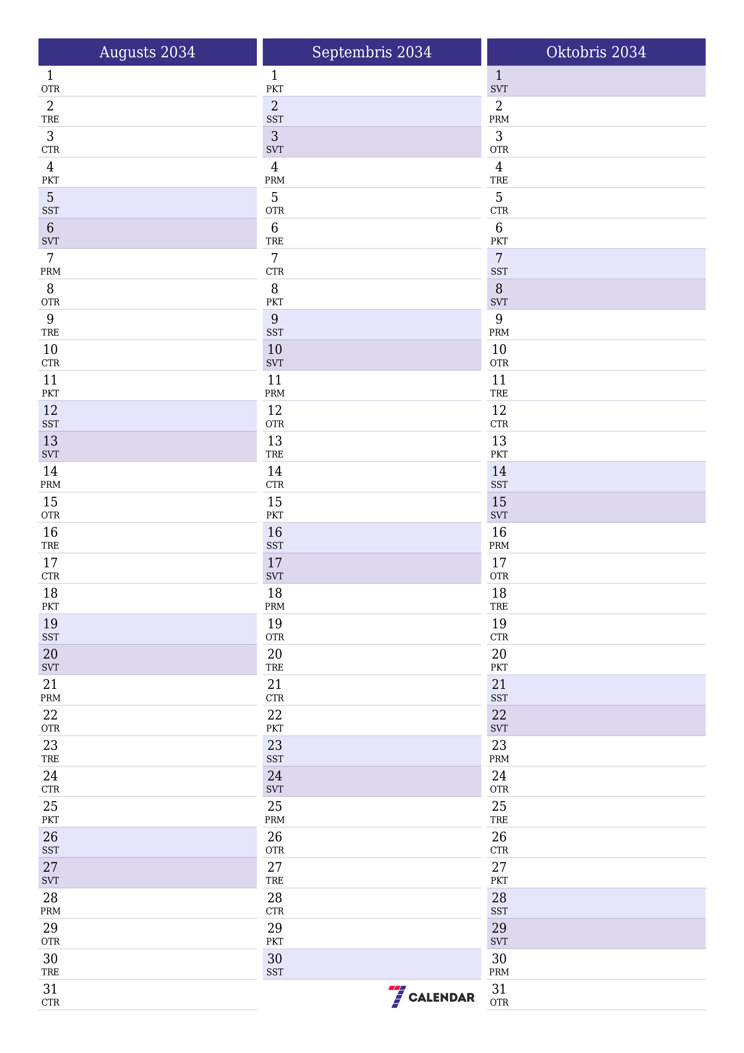 izdrukājams sienas kalendāra veidne bezmaksas vertikāli Mēneša plānotājs kalendārs Augusts (Aug) 2034