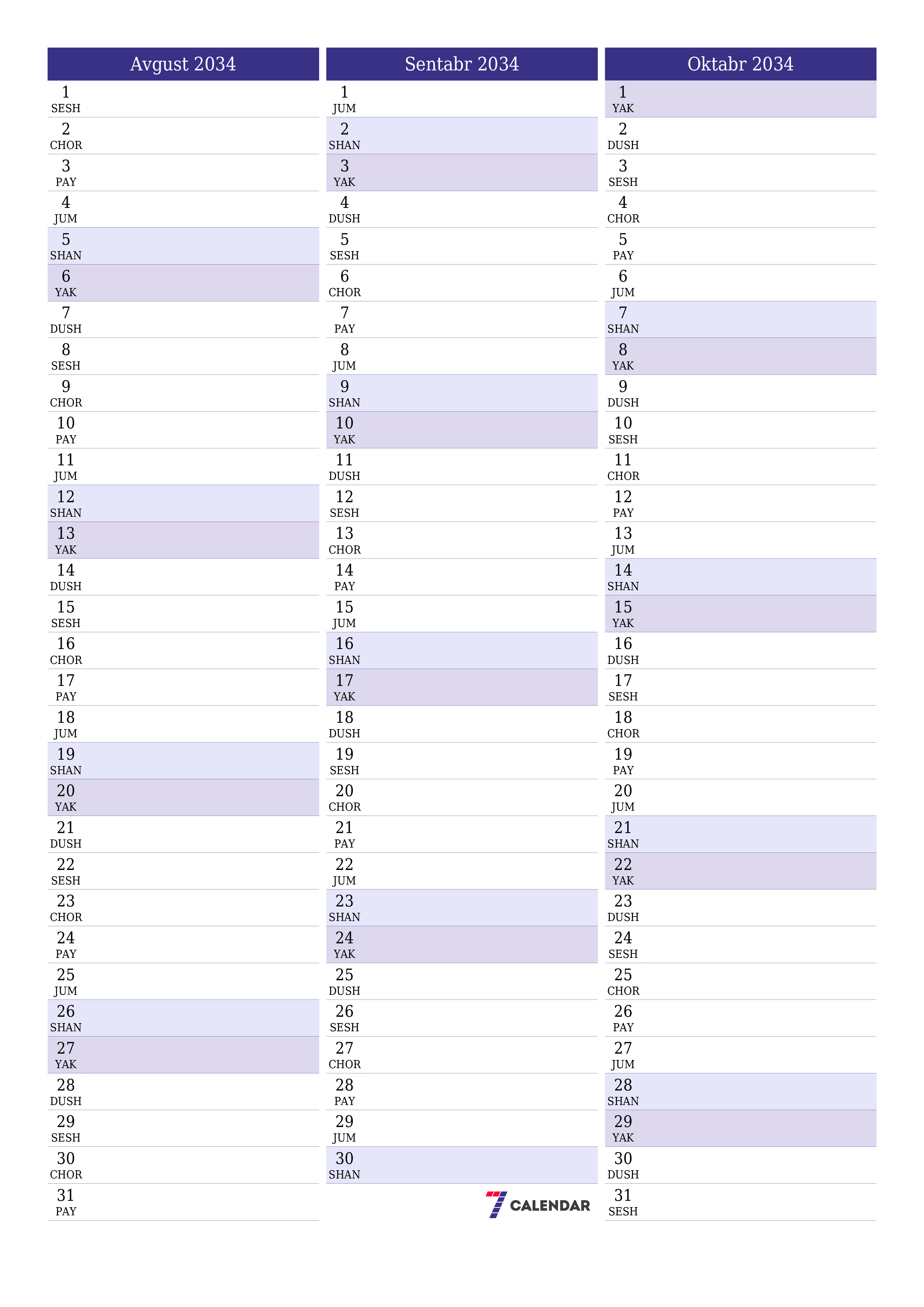 chop etiladigan devor taqvimi shabloni bepul vertikal Oylik rejalashtiruvchi kalendar Avgust (Avg) 2034