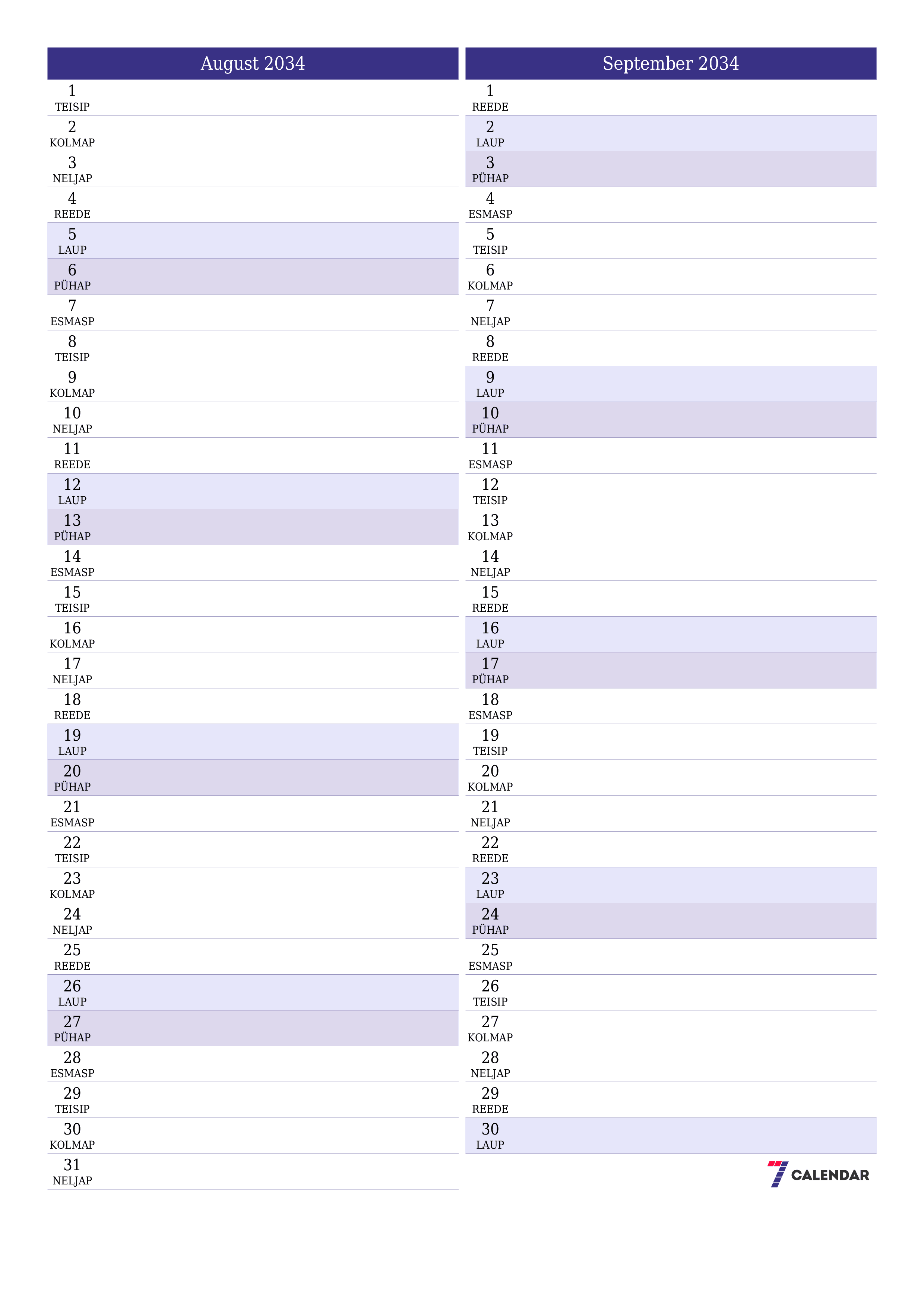 Tühjendage kuu August 2034 kuuplaneerija märkmetega, salvestage ja printige PDF-i PNG Estonian