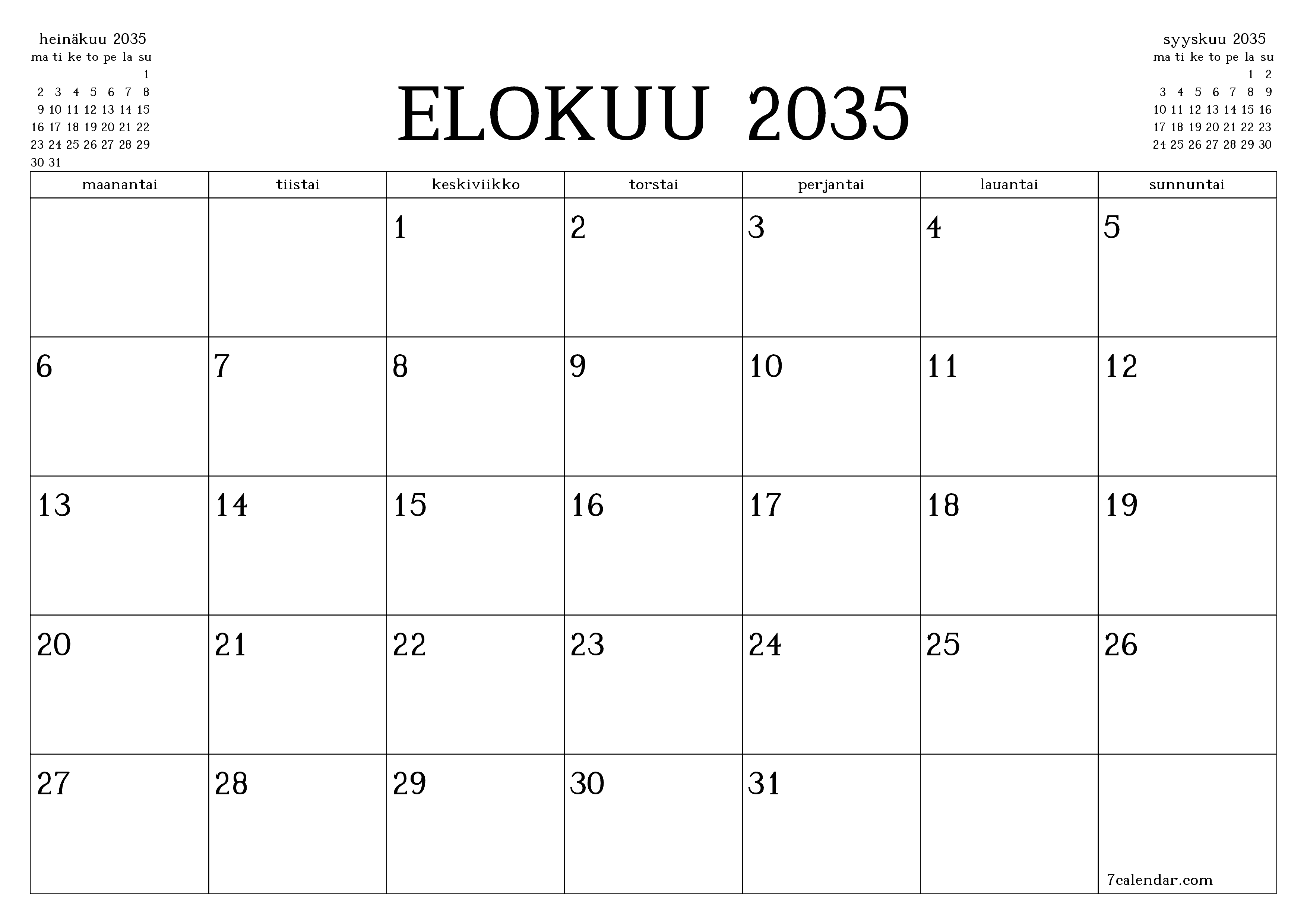Tyhjennä kuukausittainen suunnittelija kuukaudelle Elokuu 2035 muistiinpanoilla, tallenna ja tulosta PDF-muotoon PNG Finnish
