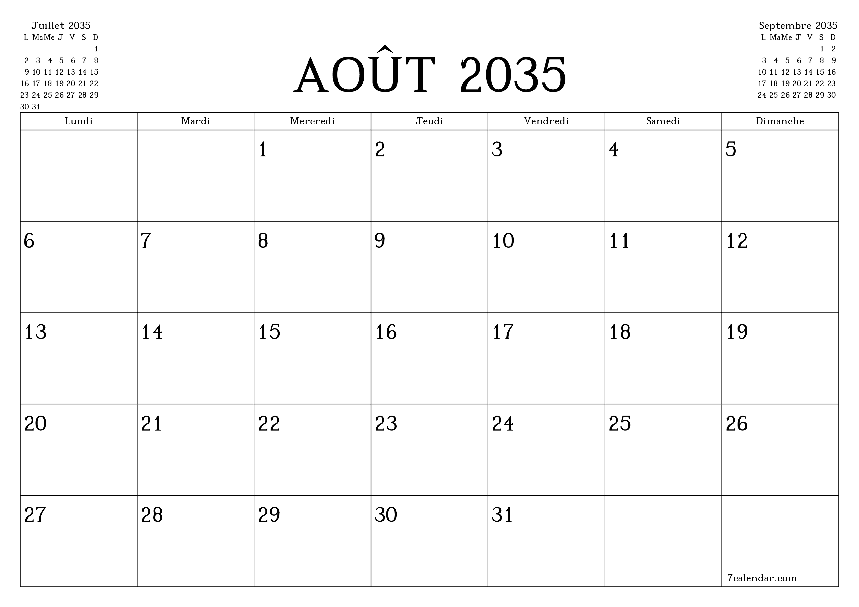 Agenda mensuel vide pour le mois Août 2035 avec notes, enregistrez et imprimez au format PDF PNG French