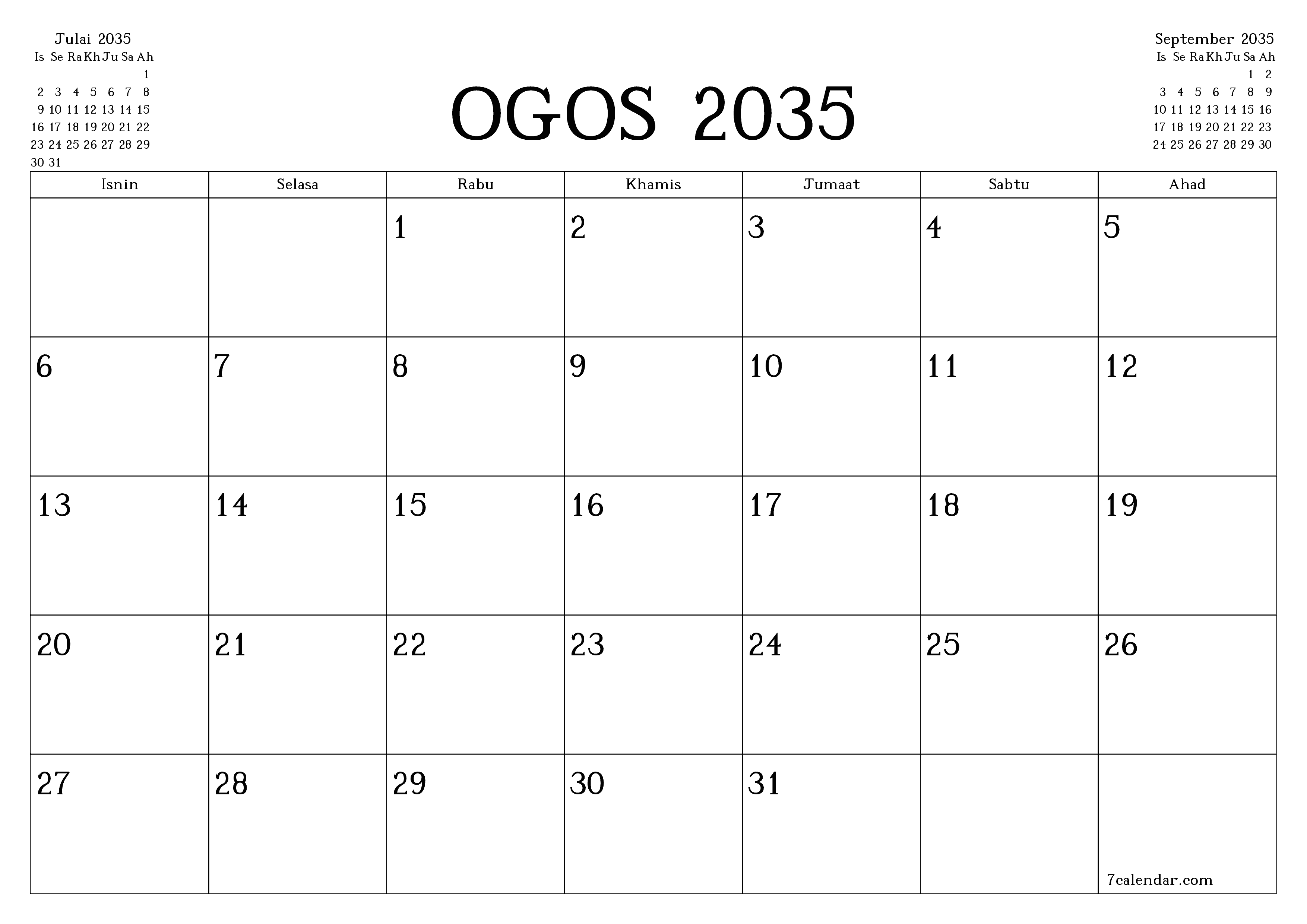 Perancang bulanan kosong untuk bulan Ogos 2035 dengan nota, simpan dan cetak ke PDF PNG Malay