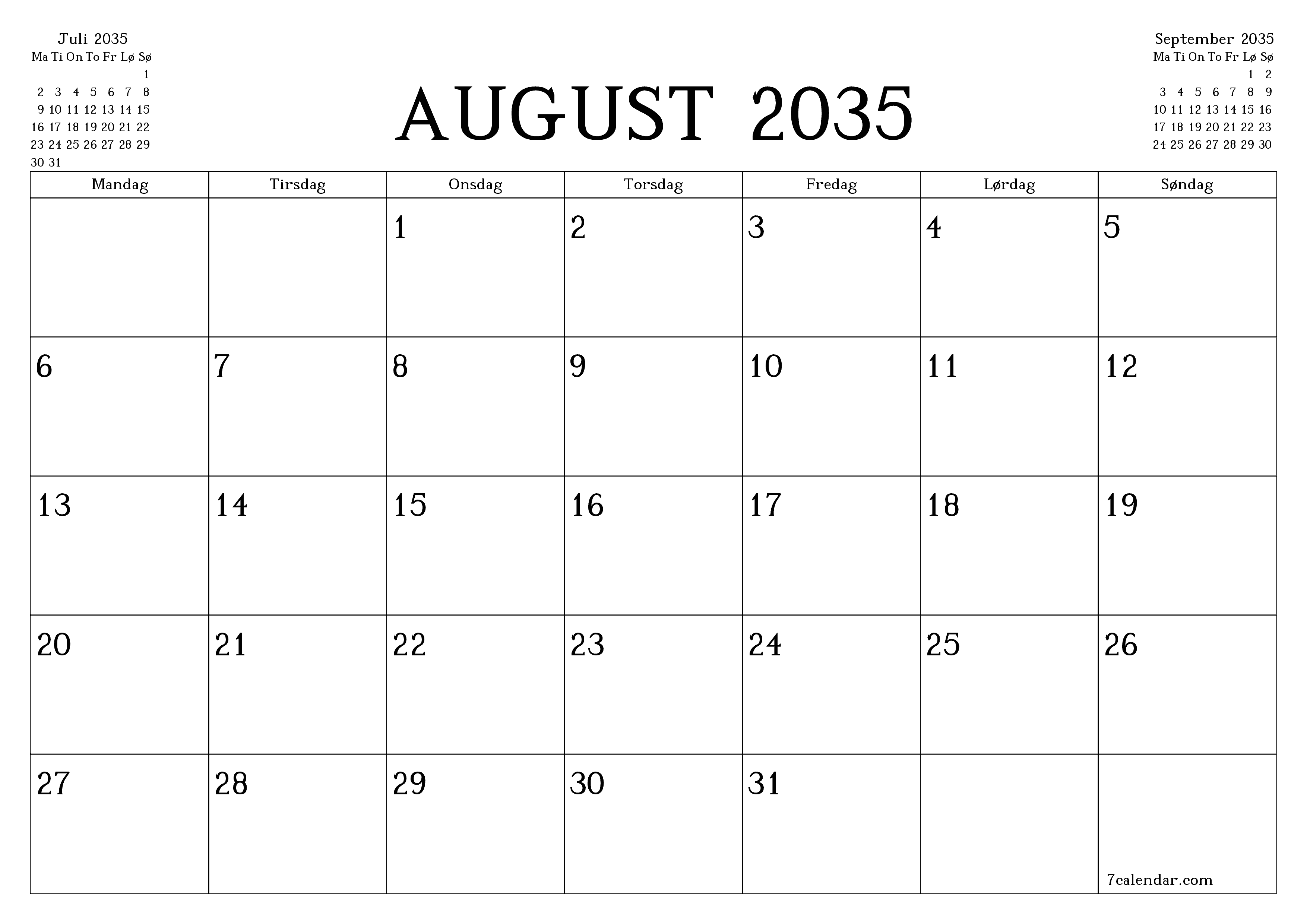 Tom månedlig planlegger for måned August 2035 med notater, lagre og skriv ut til PDF PNG Norwegian
