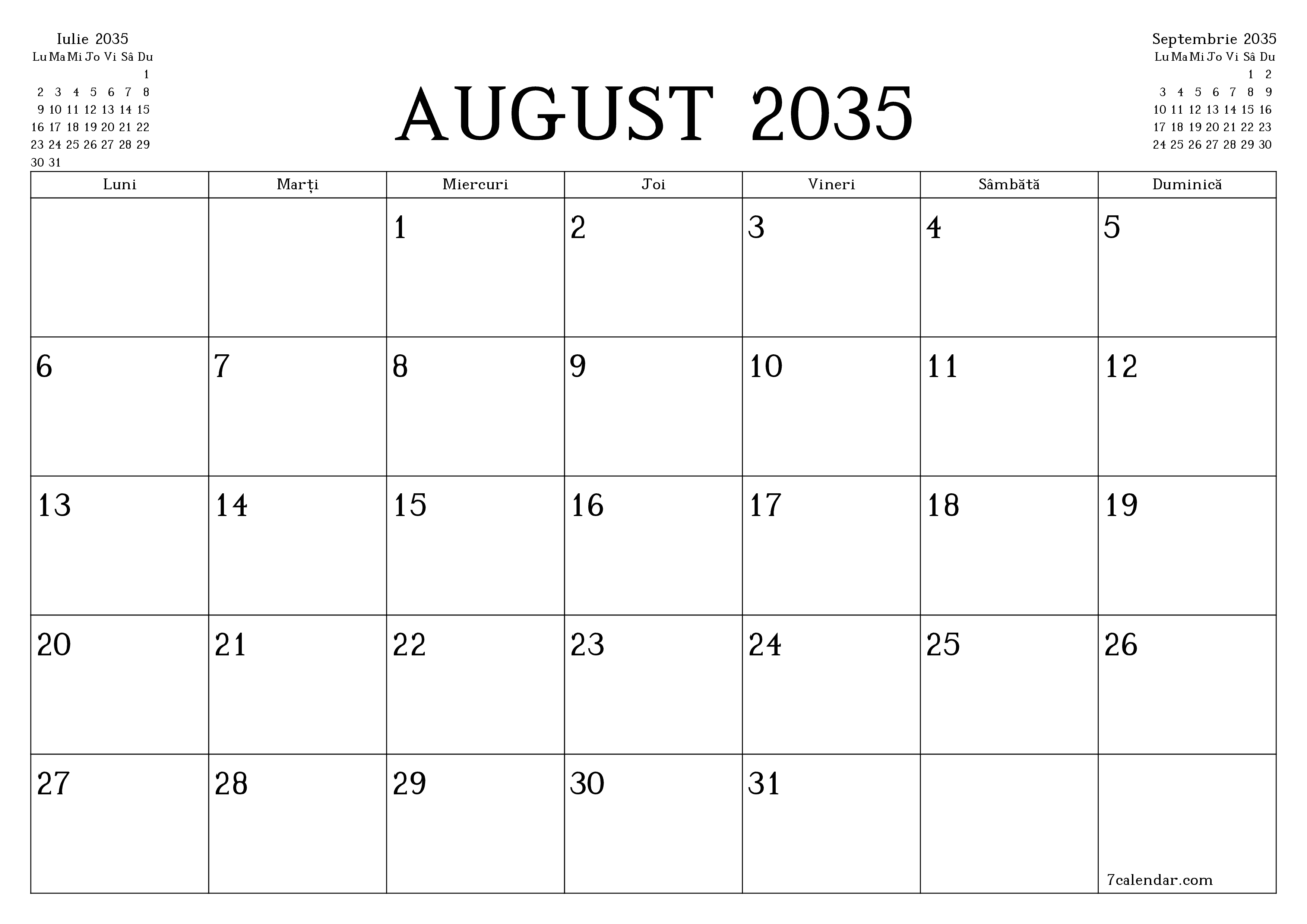 Planificator lunar gol pentru luna August 2035 cu note, salvați și tipăriți în PDF PNG Romanian