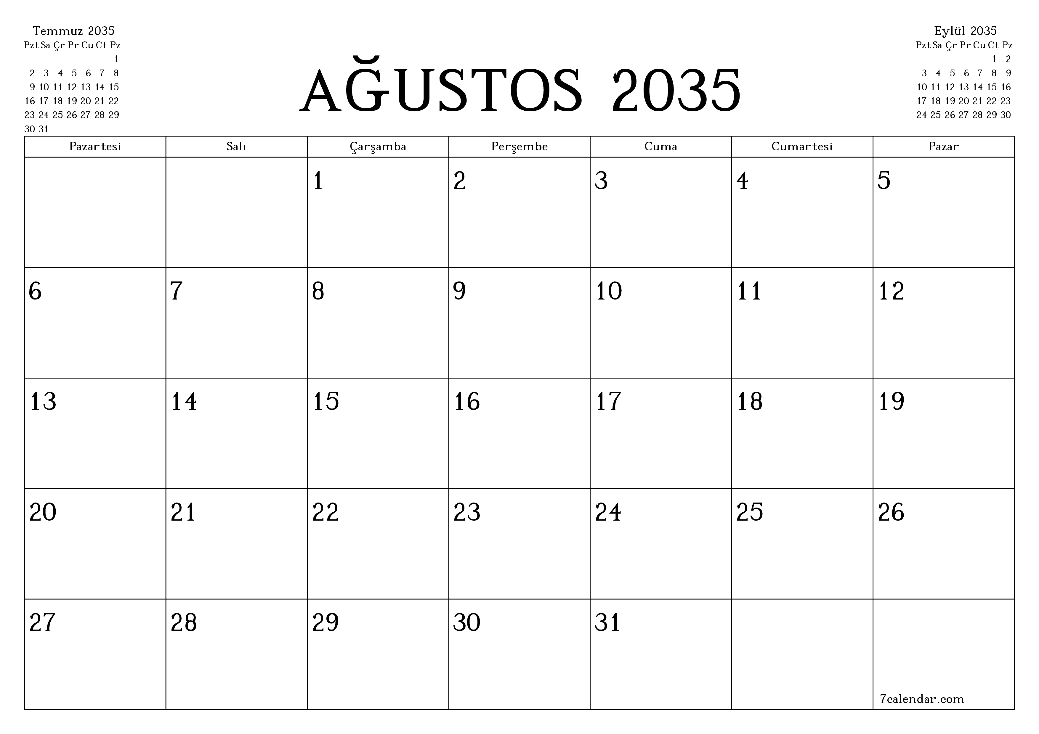 Ağustos 2035 ayı için notlarla birlikte boş aylık planlayıcı, kaydedin ve PDF'ye yazdırın PNG Turkish
