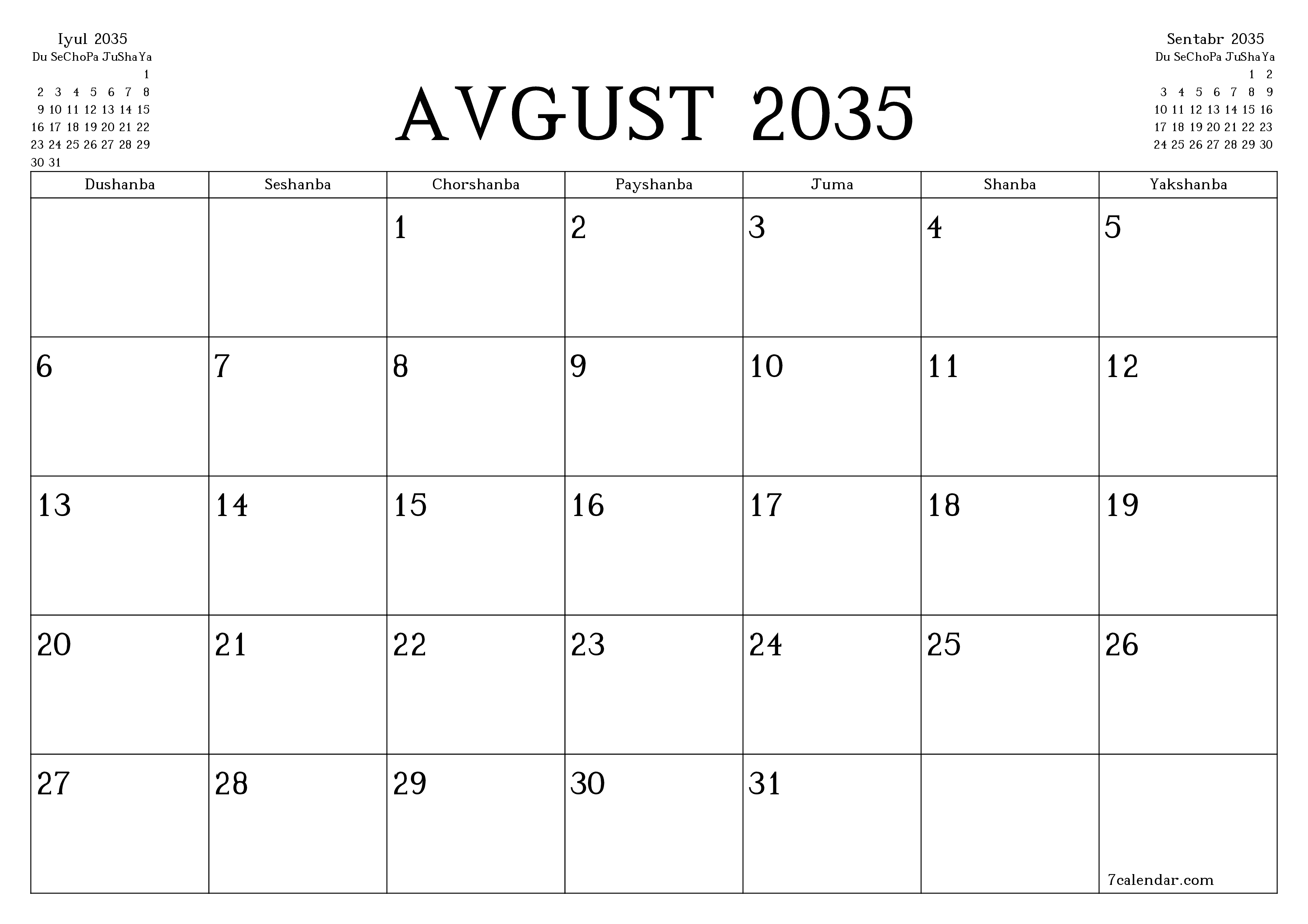 Avgust 2035 oylik oylik rejalashtiruvchini yozuvlar bilan bo'shatish, saqlash va PDF-ga chop etish PNG Uzbek