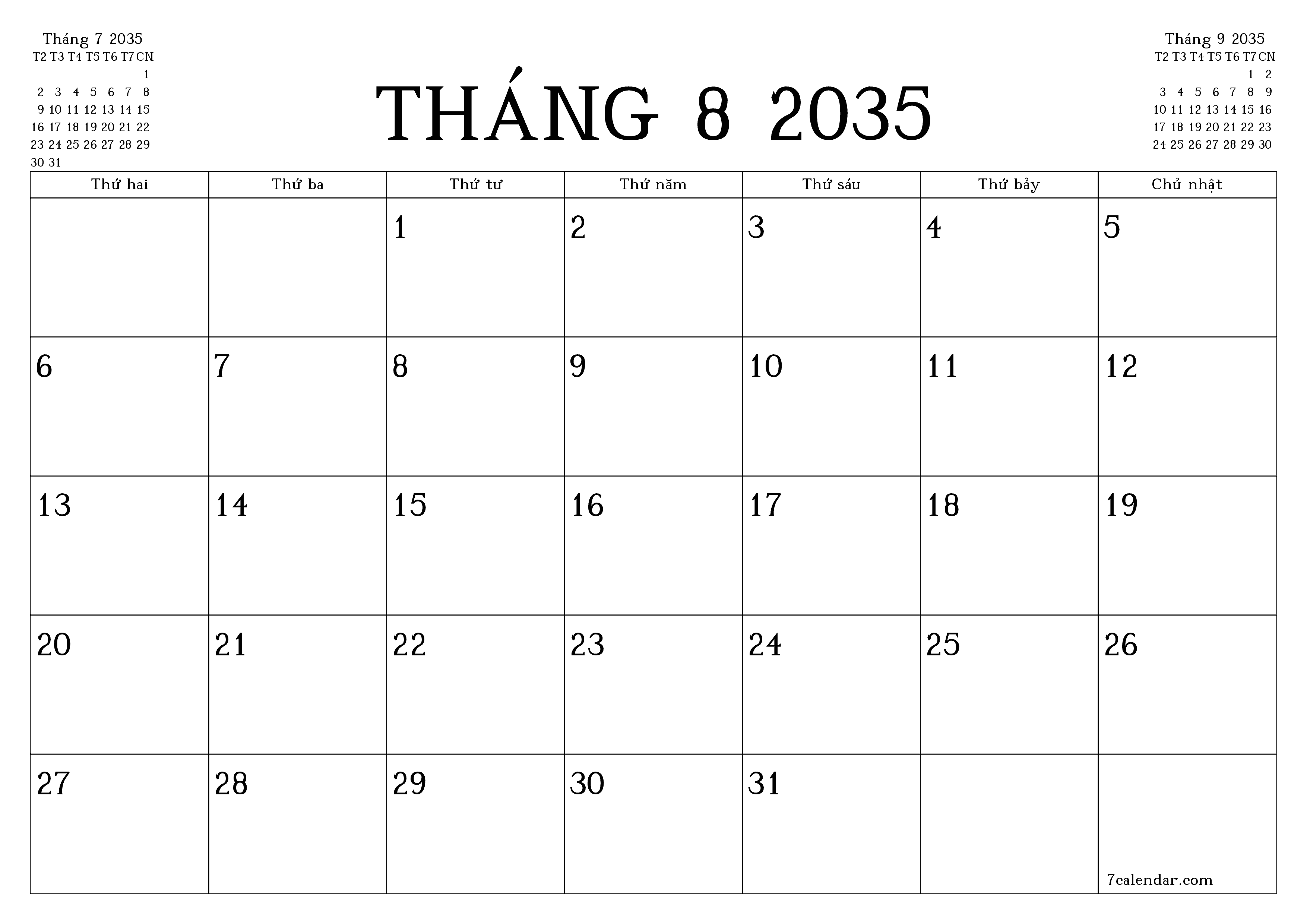 Công cụ lập kế hoạch hàng tháng trống cho tháng Tháng 8 2035 có ghi chú, lưu và in sang PDF PNG Vietnamese