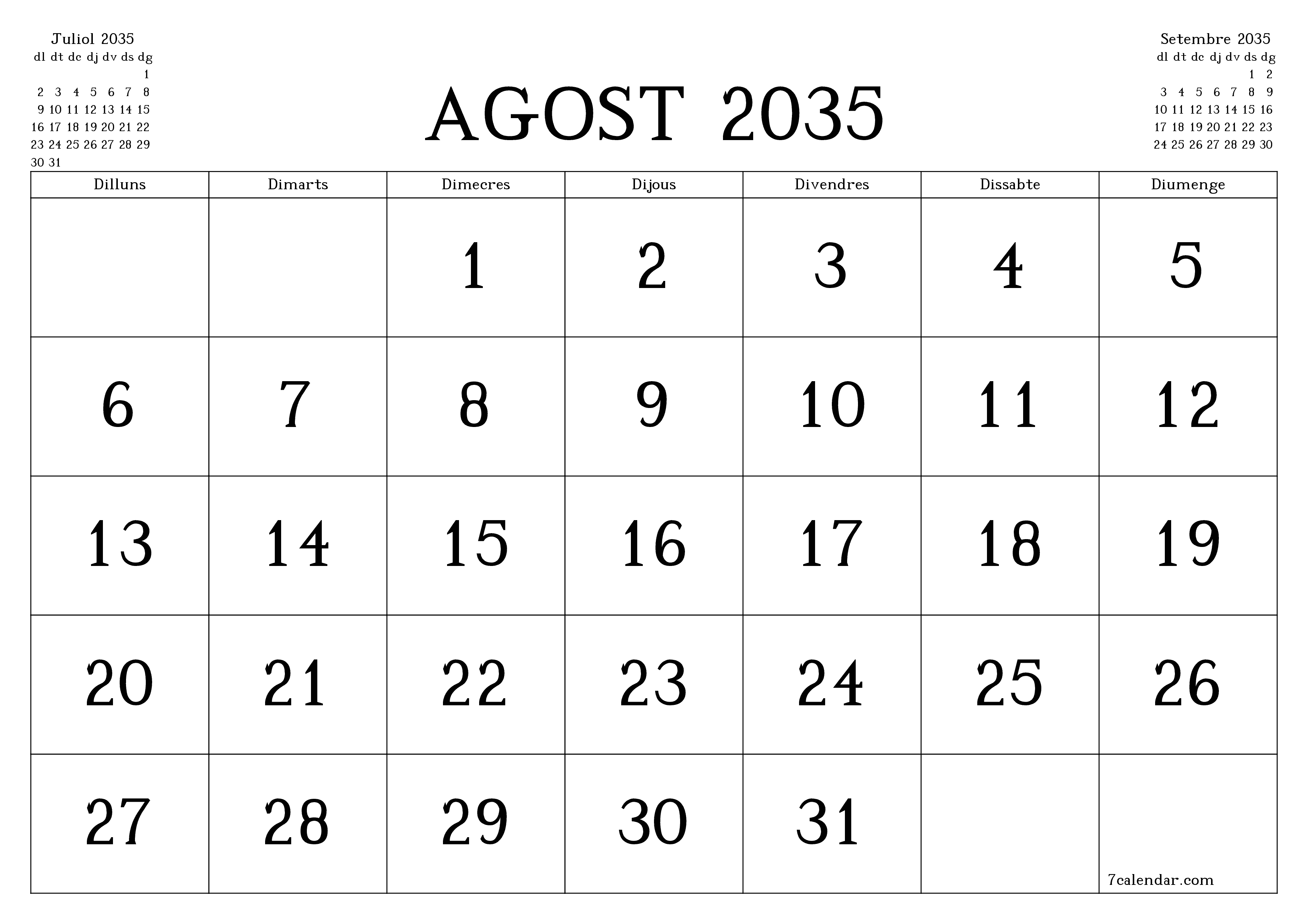 Planificador mensual buit del mes Agost 2035 amb notes, deseu-lo i imprimiu-lo en format PDF PNG Catalan