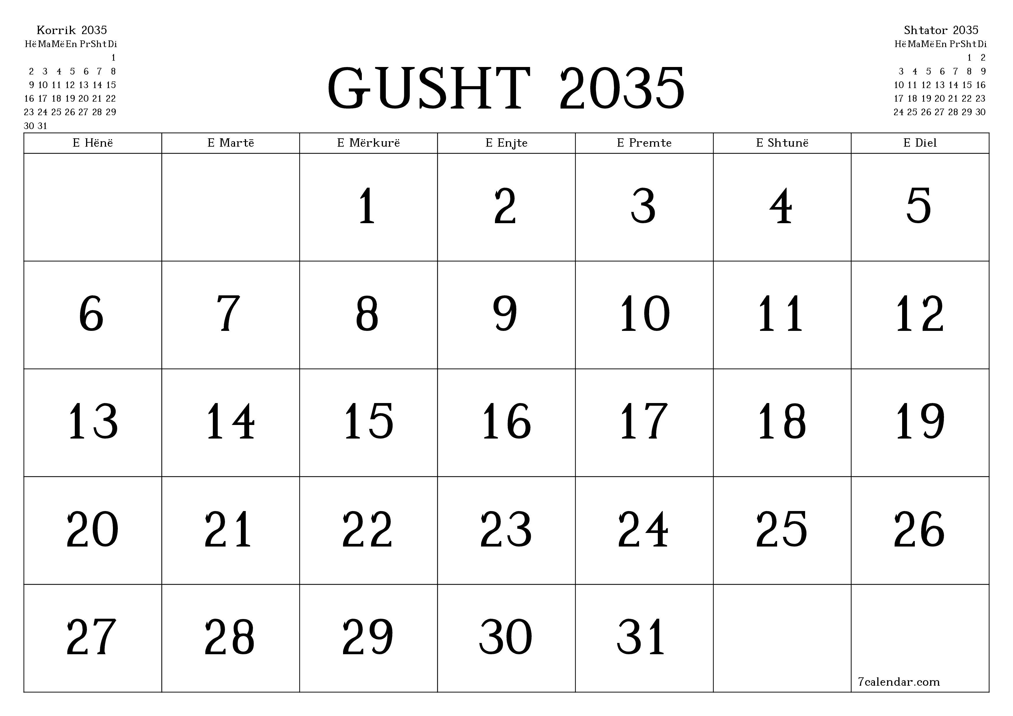 Planifikuesi i zbrazët i kalendarit mujor për muajin Gusht 2035 me shënime të ruajtura dhe të printuara në PDF PNG Albanian