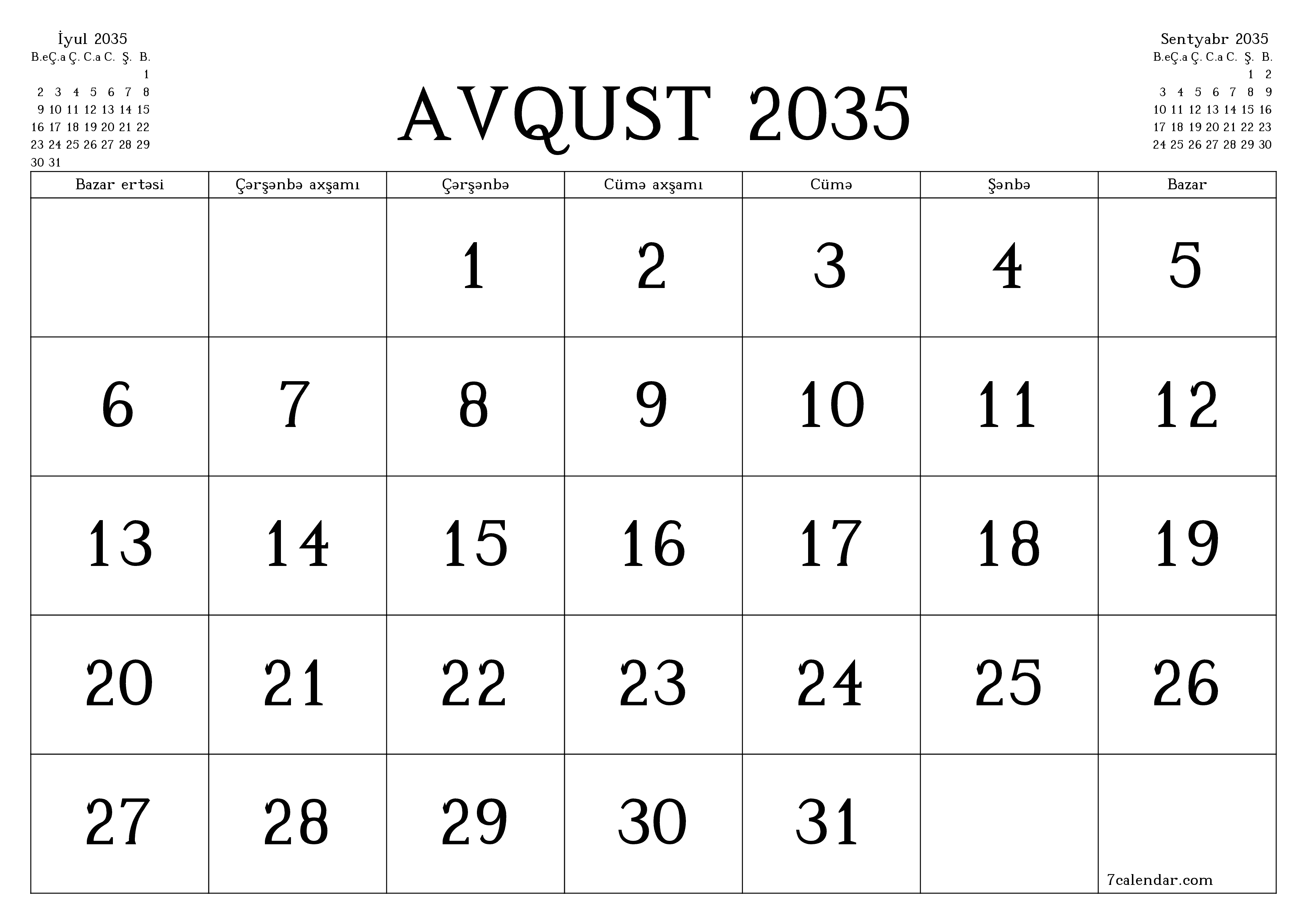 Avqust 2035 ayı üçün qeydlər ilə boş aylıq planlayıcı, qeyd edin və PDF-ə yazdırın PNG Azerbaijani