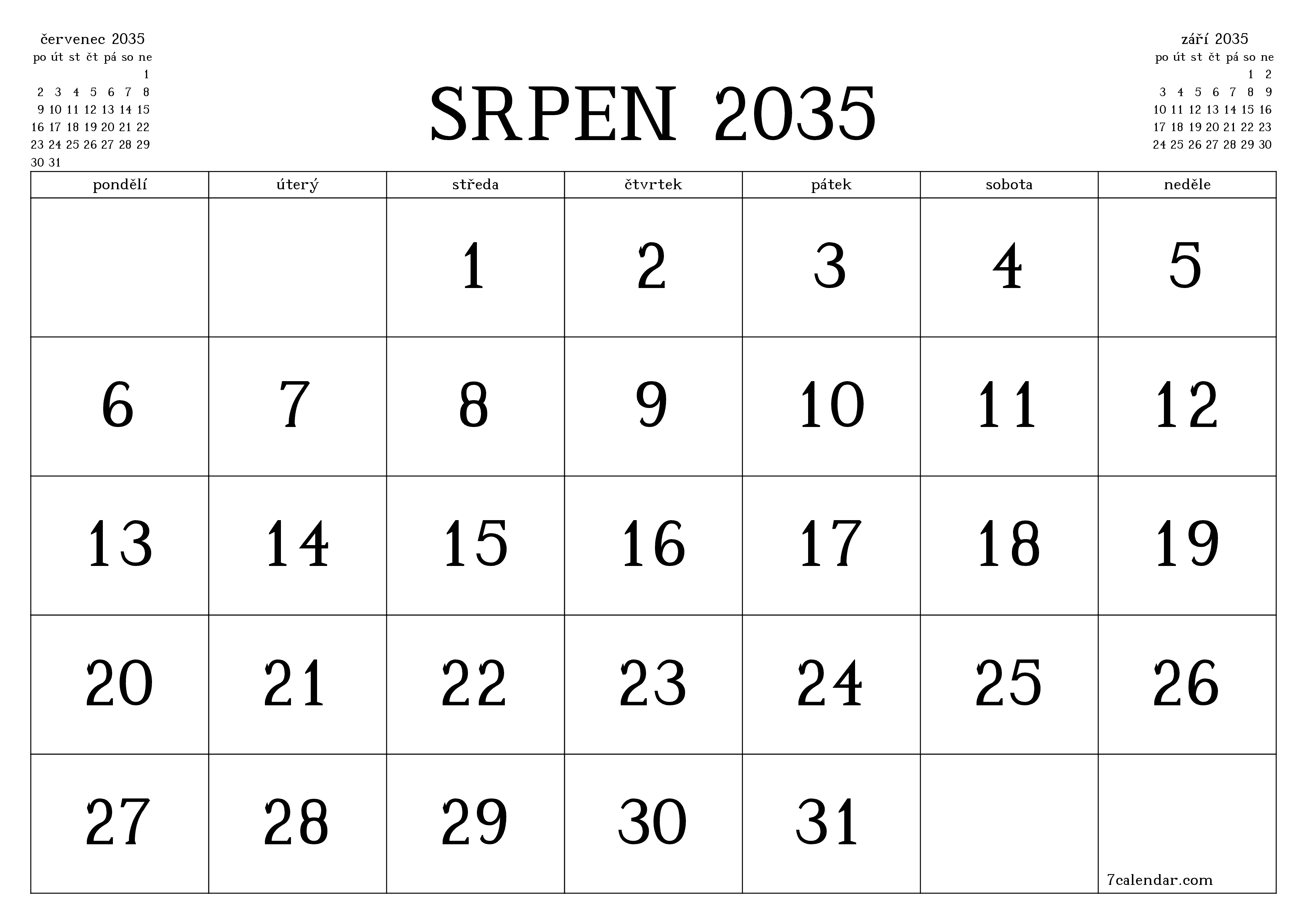 Vyprázdnit měsíční plánovač na měsíc srpen 2035 s poznámkami, uložit a vytisknout do PDF PNG Czech