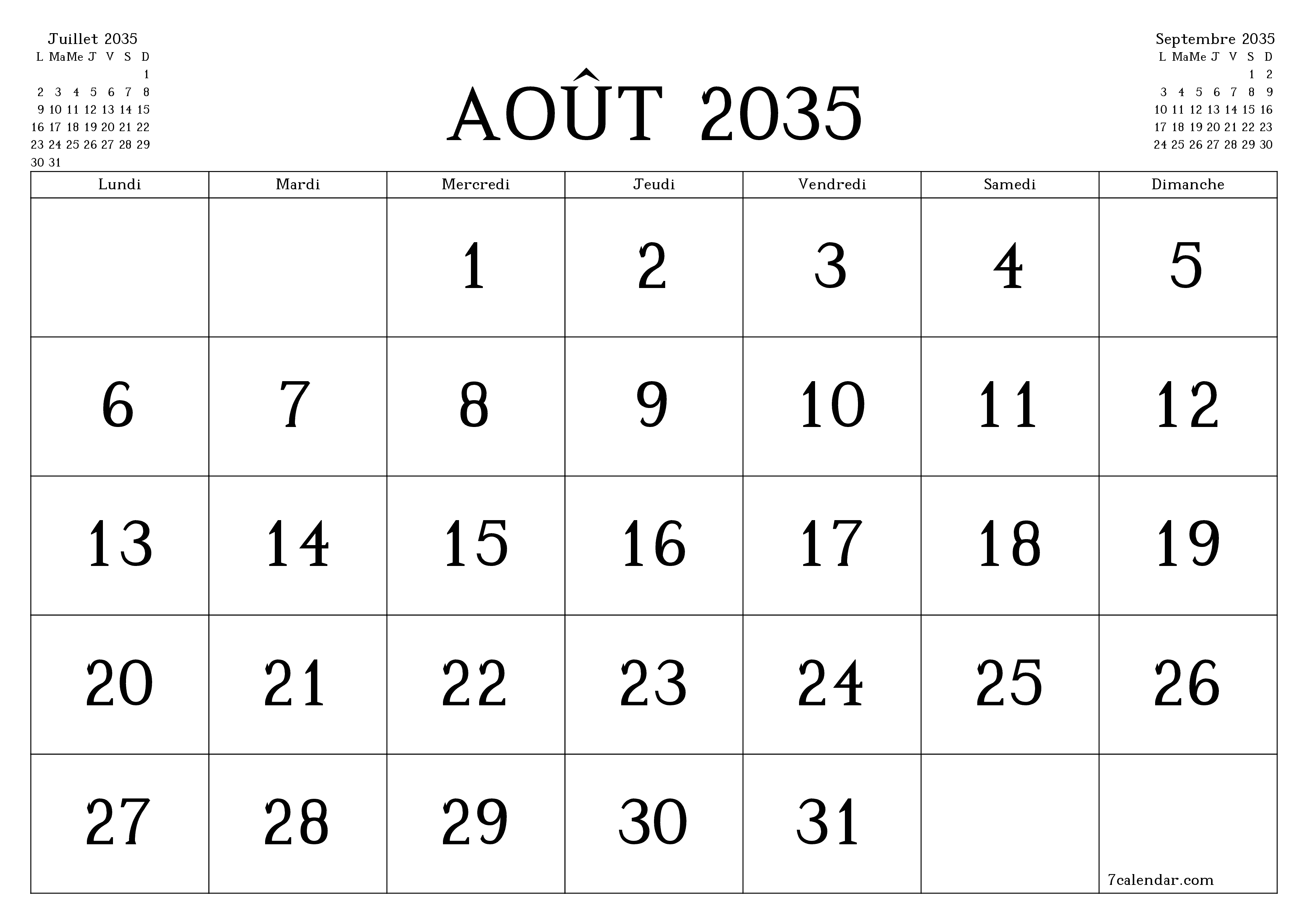 Agenda mensuel vide pour le mois Août 2035 avec notes, enregistrez et imprimez au format PDF PNG French
