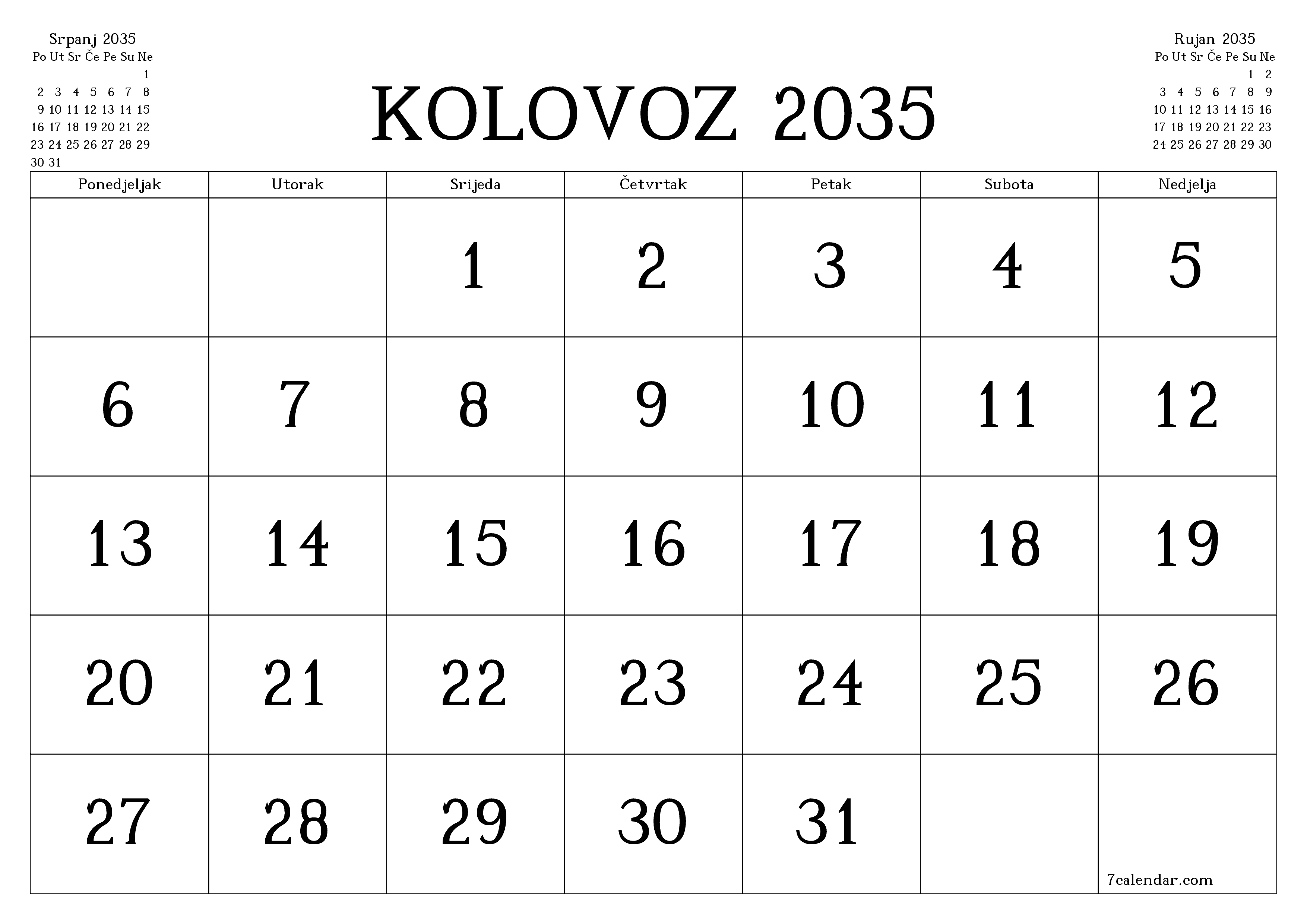 Ispraznite mjesečni planer za mjesec Kolovoz 2035 s bilješkama, spremite i ispišite u PDF PNG Croatian