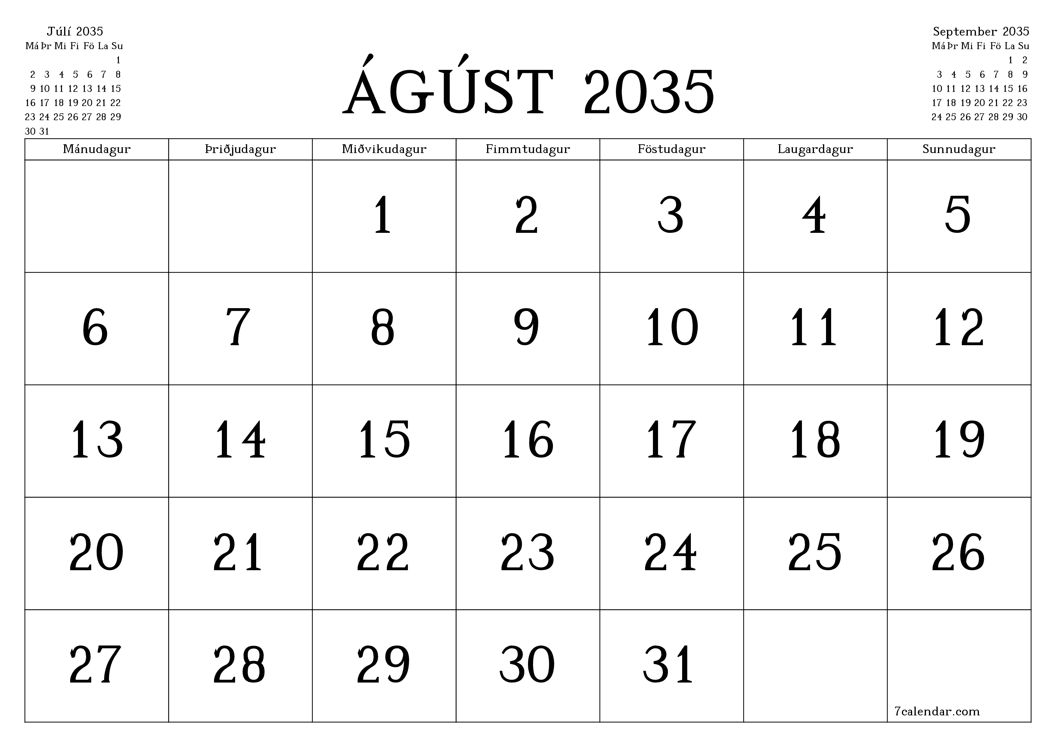 Tómur mánaðarlegur skipuleggjandi fyrir mánuðinn Ágúst 2035 með athugasemdum, vista og prenta á PDF PNG Icelandic
