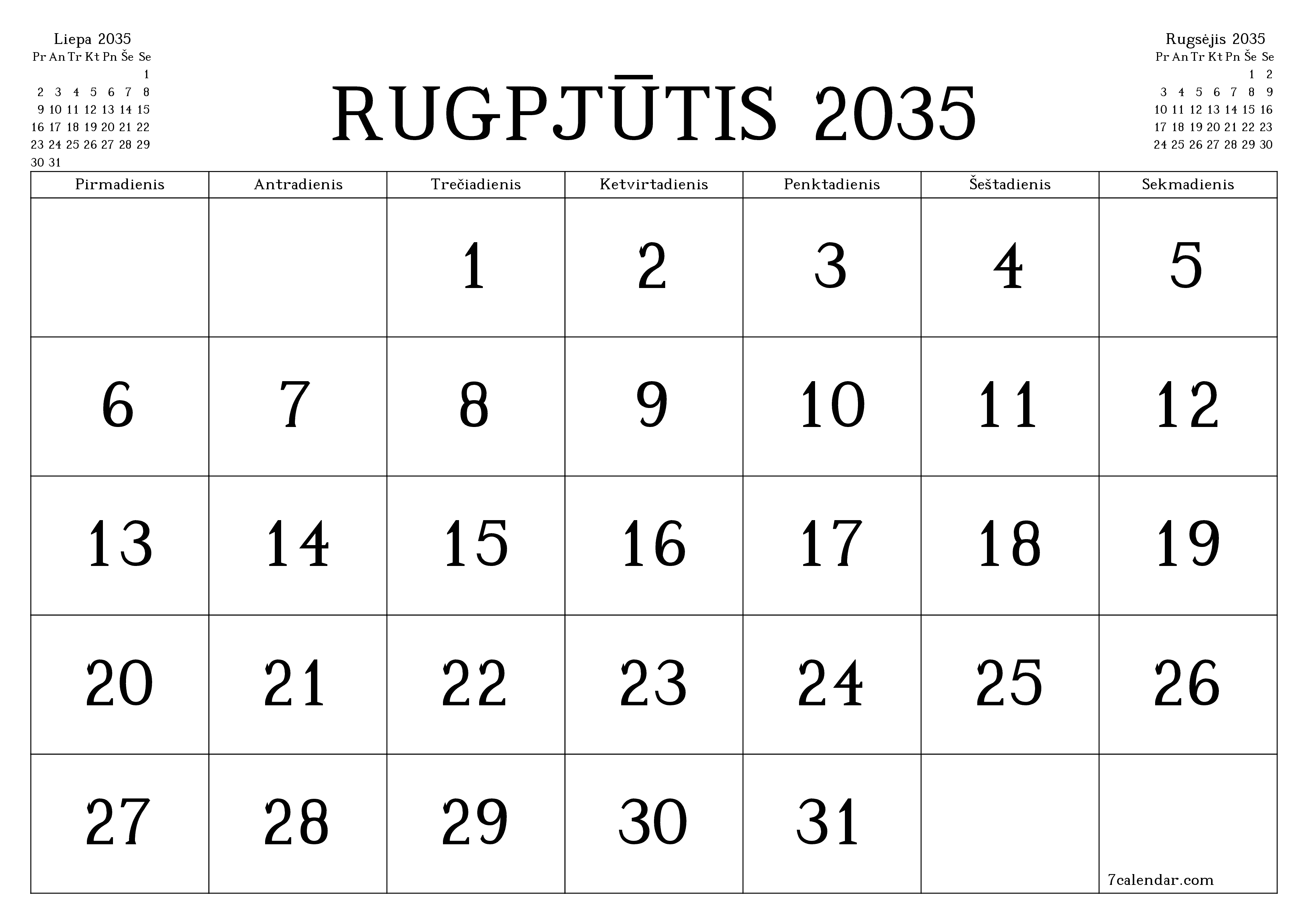 Ištuštinti mėnesio Rugpjūtis 2035 mėnesio planavimo priemonę su užrašais, išsaugoti ir atsispausdinti PDF formate PNG Lithuanian
