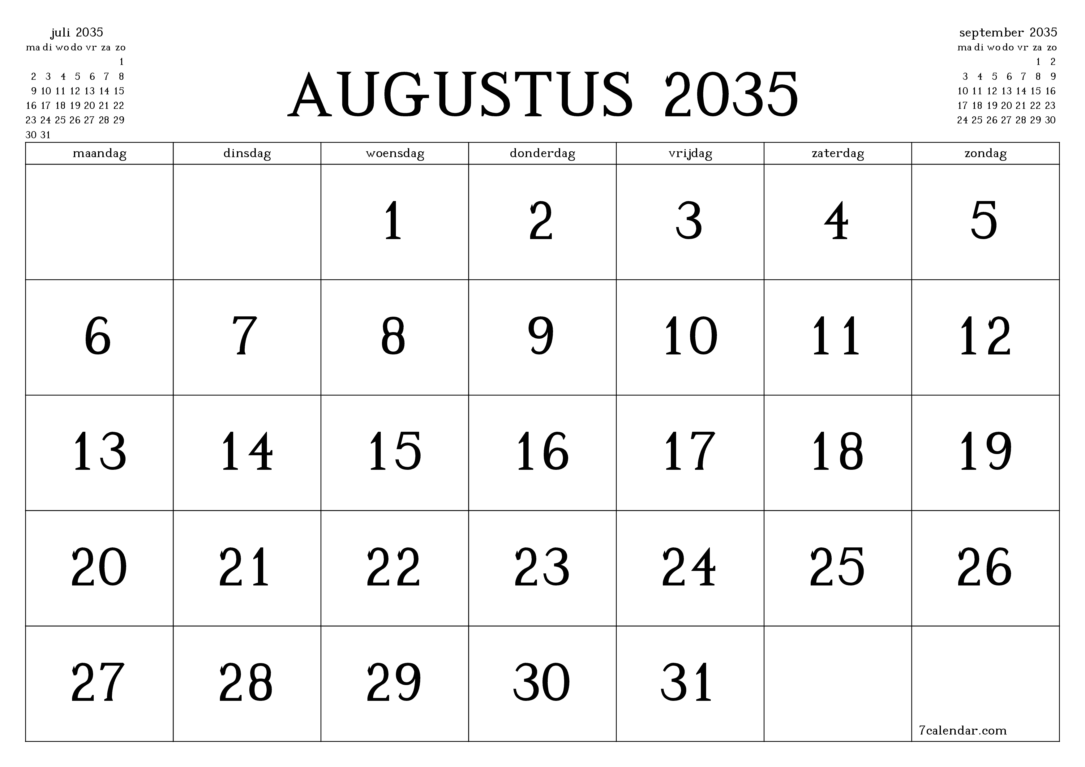 Lege maandplanner voor maand augustus 2035 met notities, opslaan en afdrukken naar pdf PNG Dutch