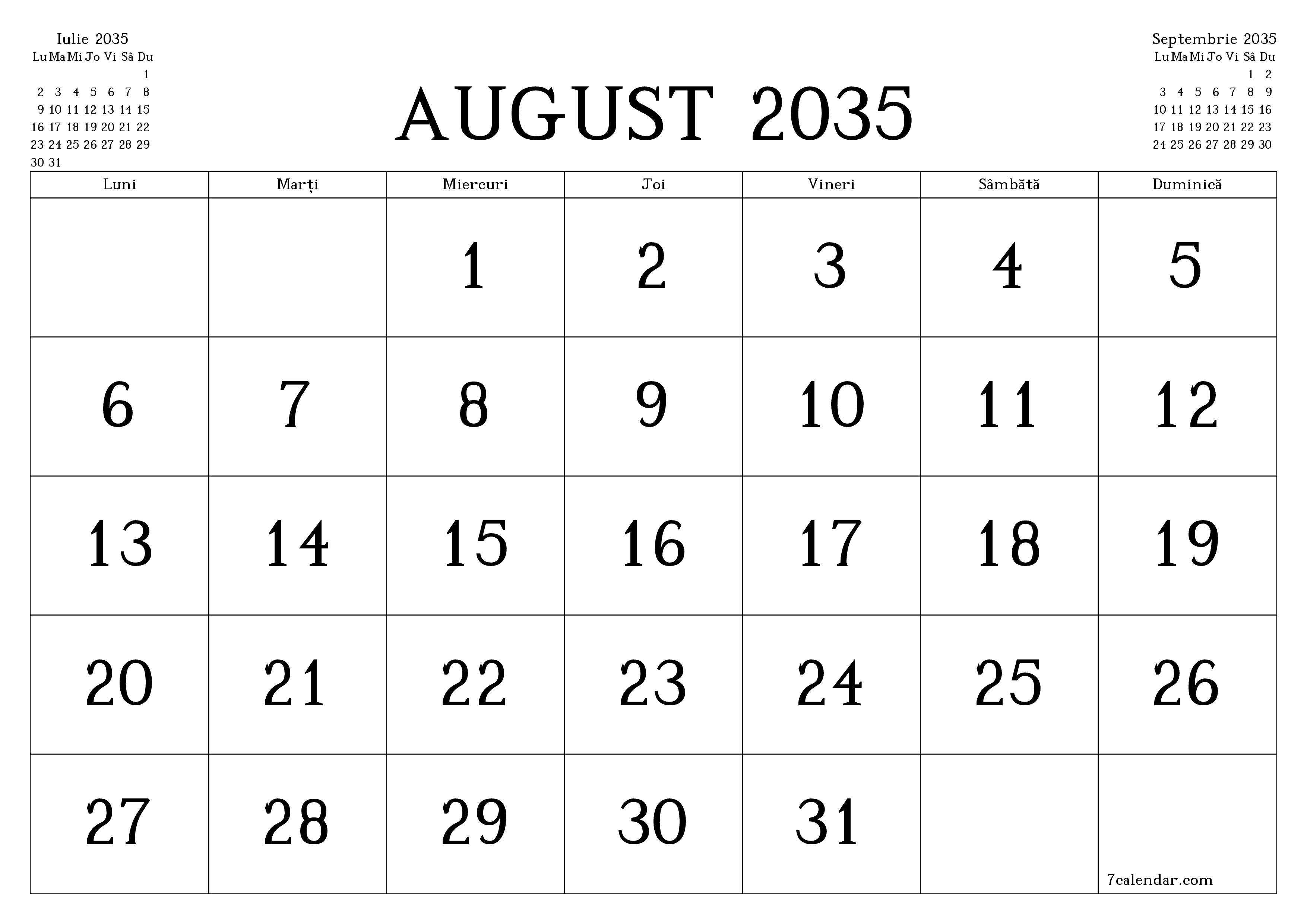 Planificator lunar gol pentru luna August 2035 cu note, salvați și tipăriți în PDF PNG Romanian