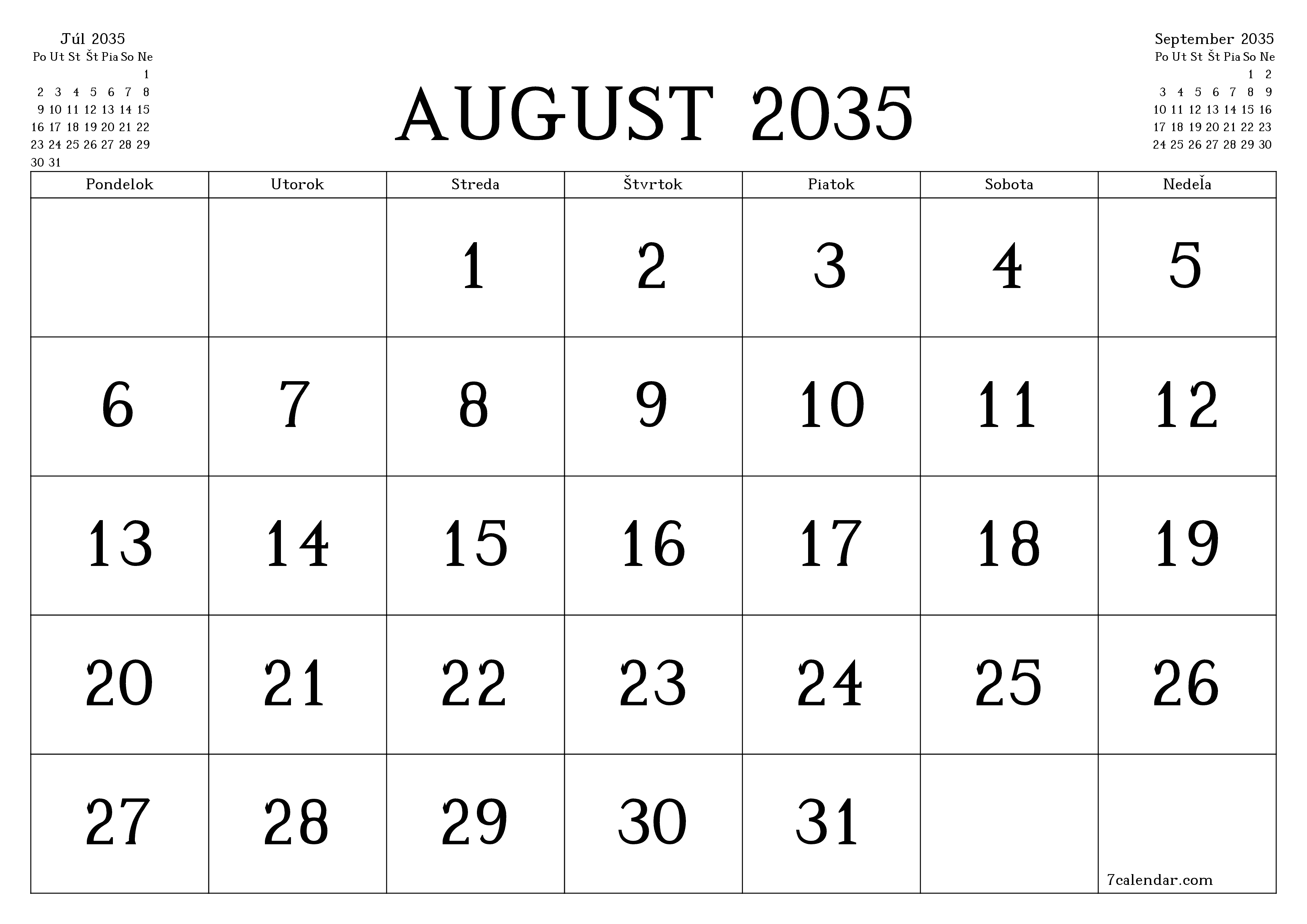 Prázdny mesačný plánovač na mesiac August 2035 s poznámkami, uloženie a tlač do PDF PNG Slovak