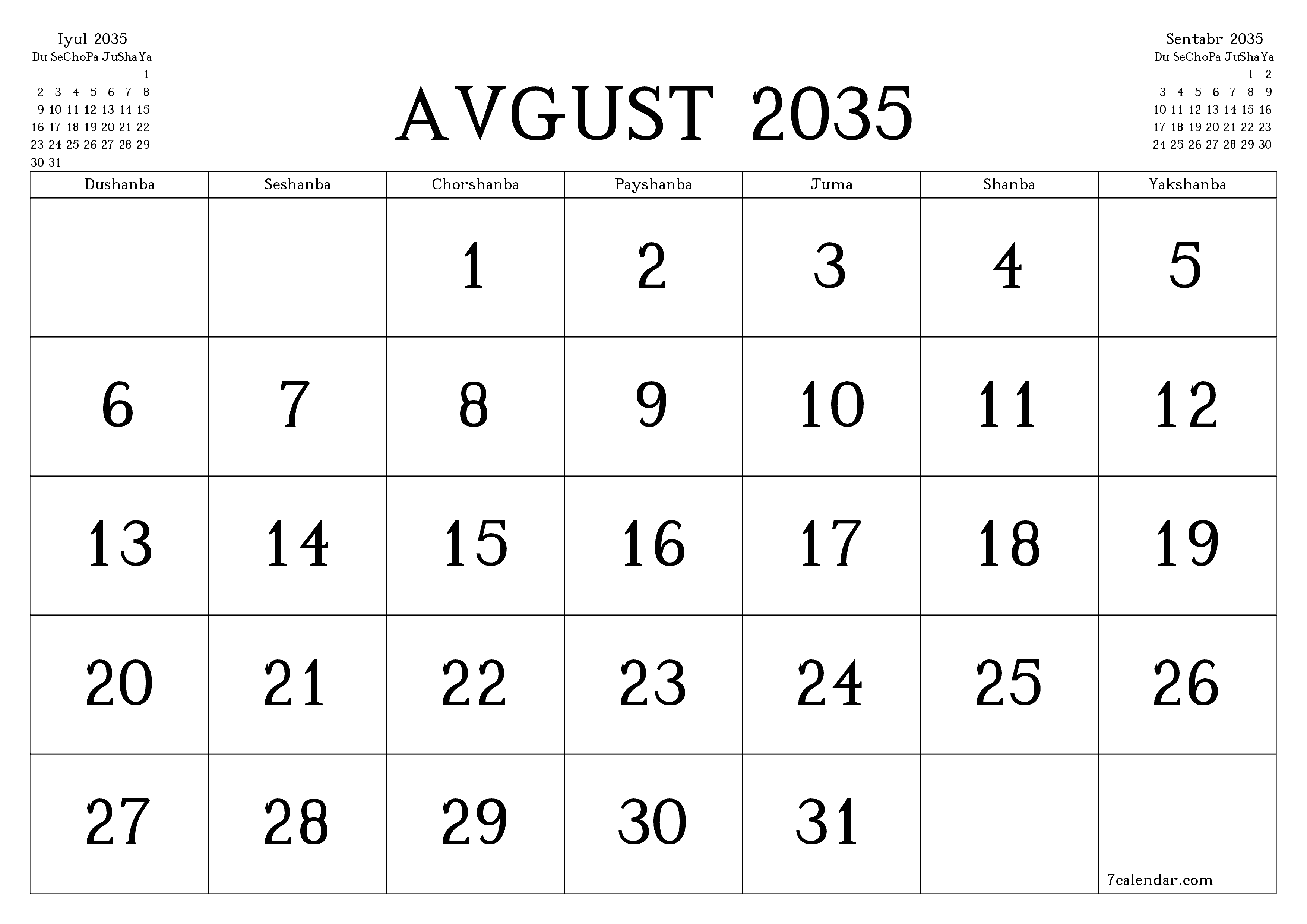 Avgust 2035 oylik oylik rejalashtiruvchini yozuvlar bilan bo'shatish, saqlash va PDF-ga chop etish PNG Uzbek