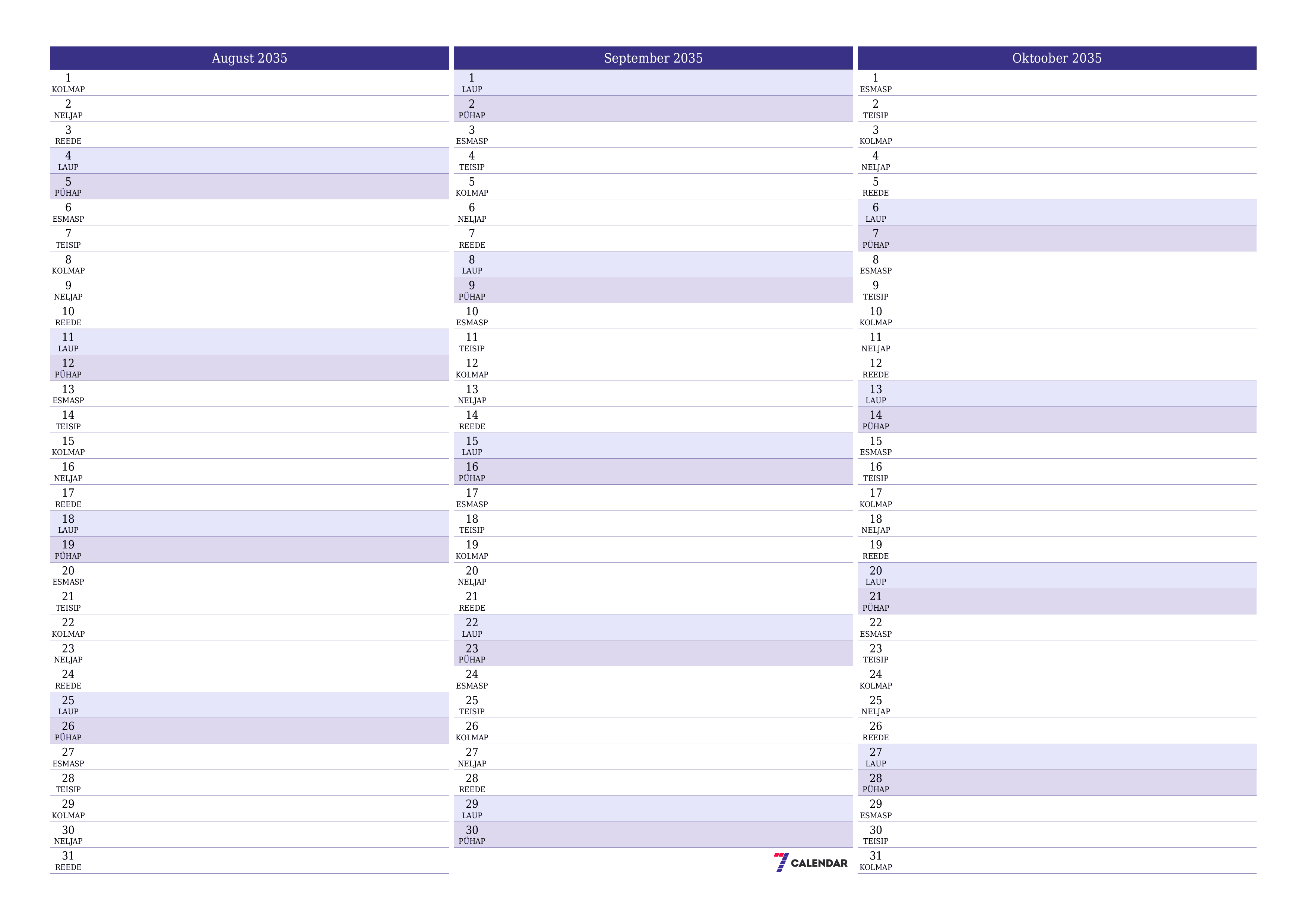 Tühjendage kuu August 2035 kuuplaneerija märkmetega, salvestage ja printige PDF-i PNG Estonian