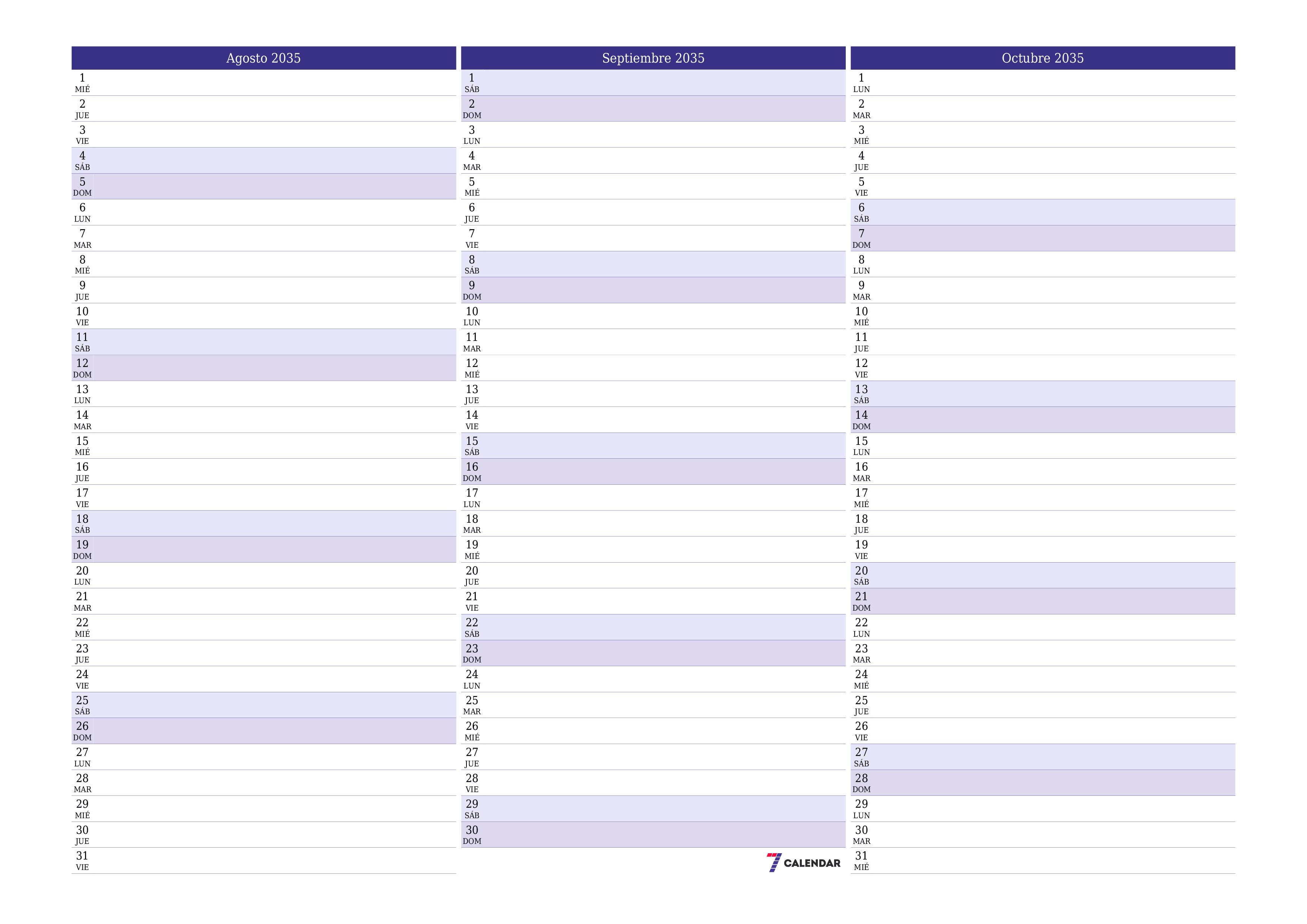 Planificador mensual vacío para el mes Agosto 2035 con notas, guardar e imprimir en PDF PNG Spanish