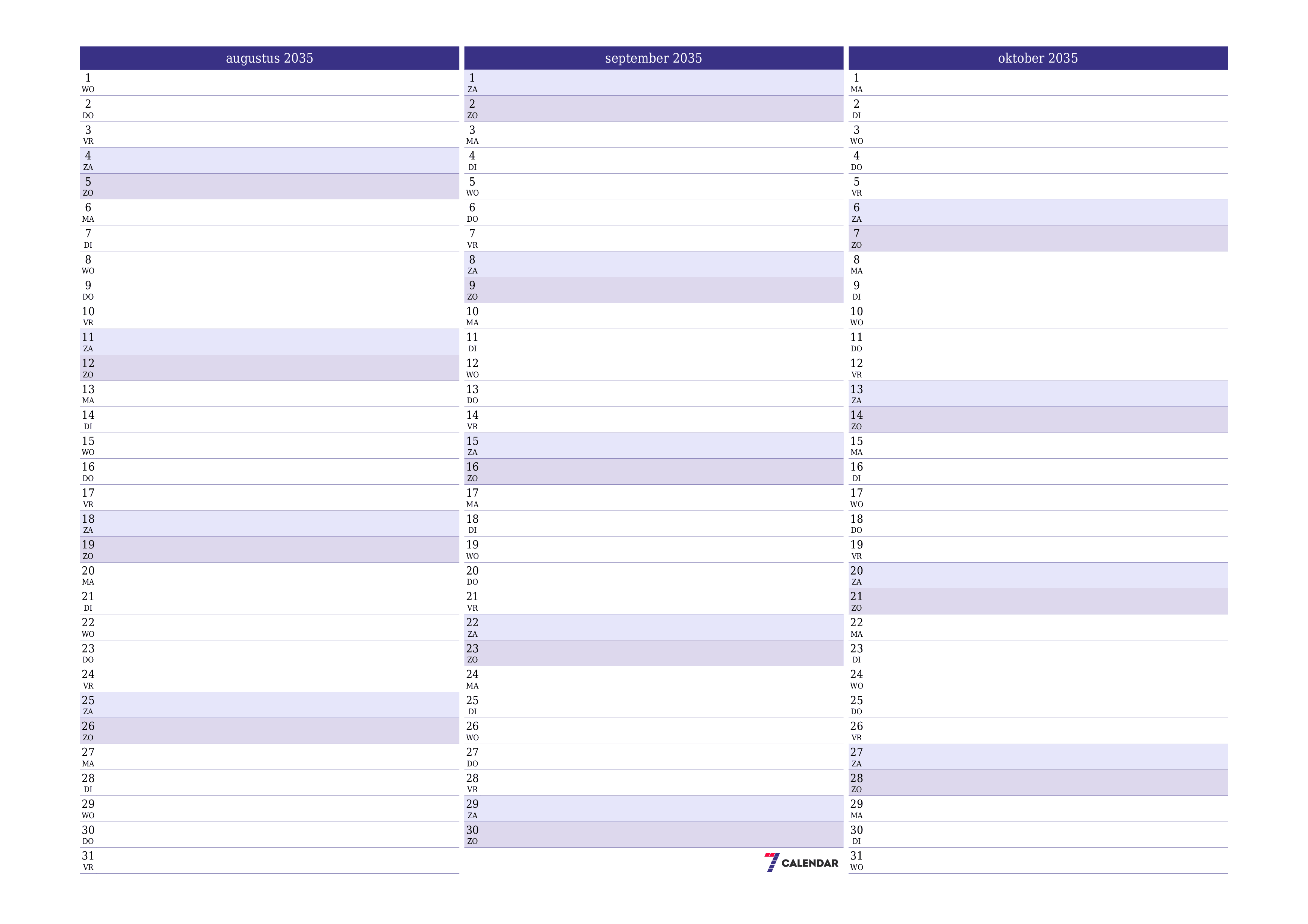 Lege maandplanner voor maand augustus 2035 met notities, opslaan en afdrukken naar pdf PNG Dutch