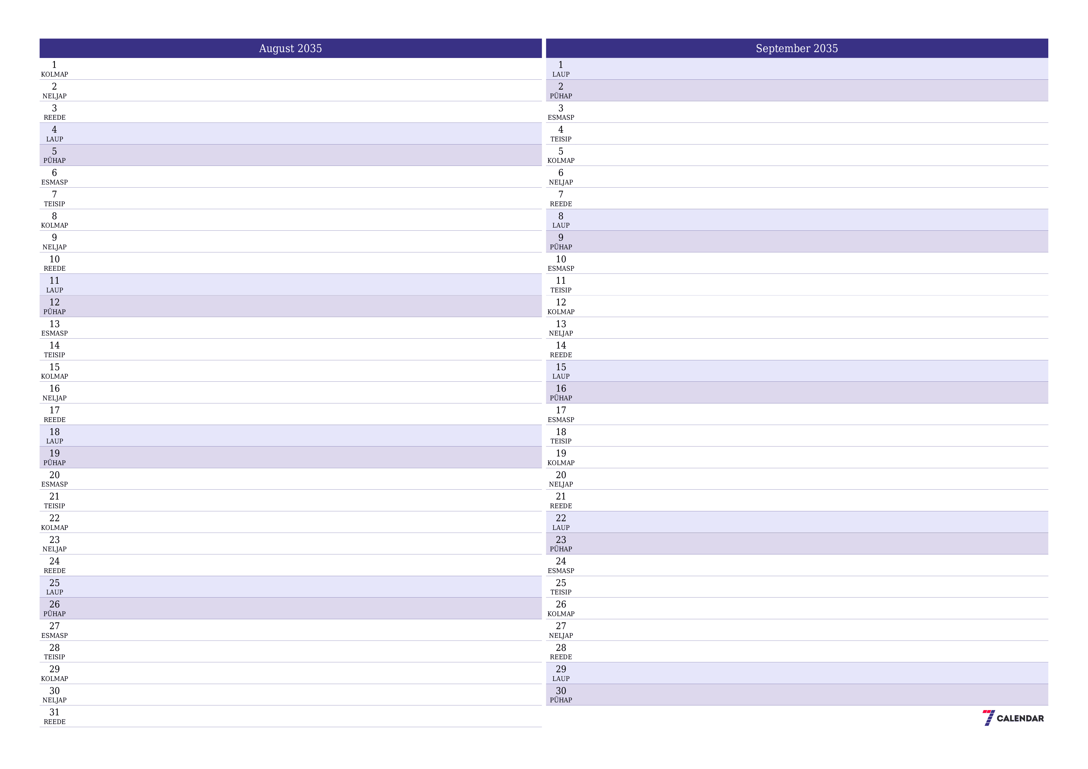 Tühjendage kuu August 2035 kuuplaneerija märkmetega, salvestage ja printige PDF-i PNG Estonian