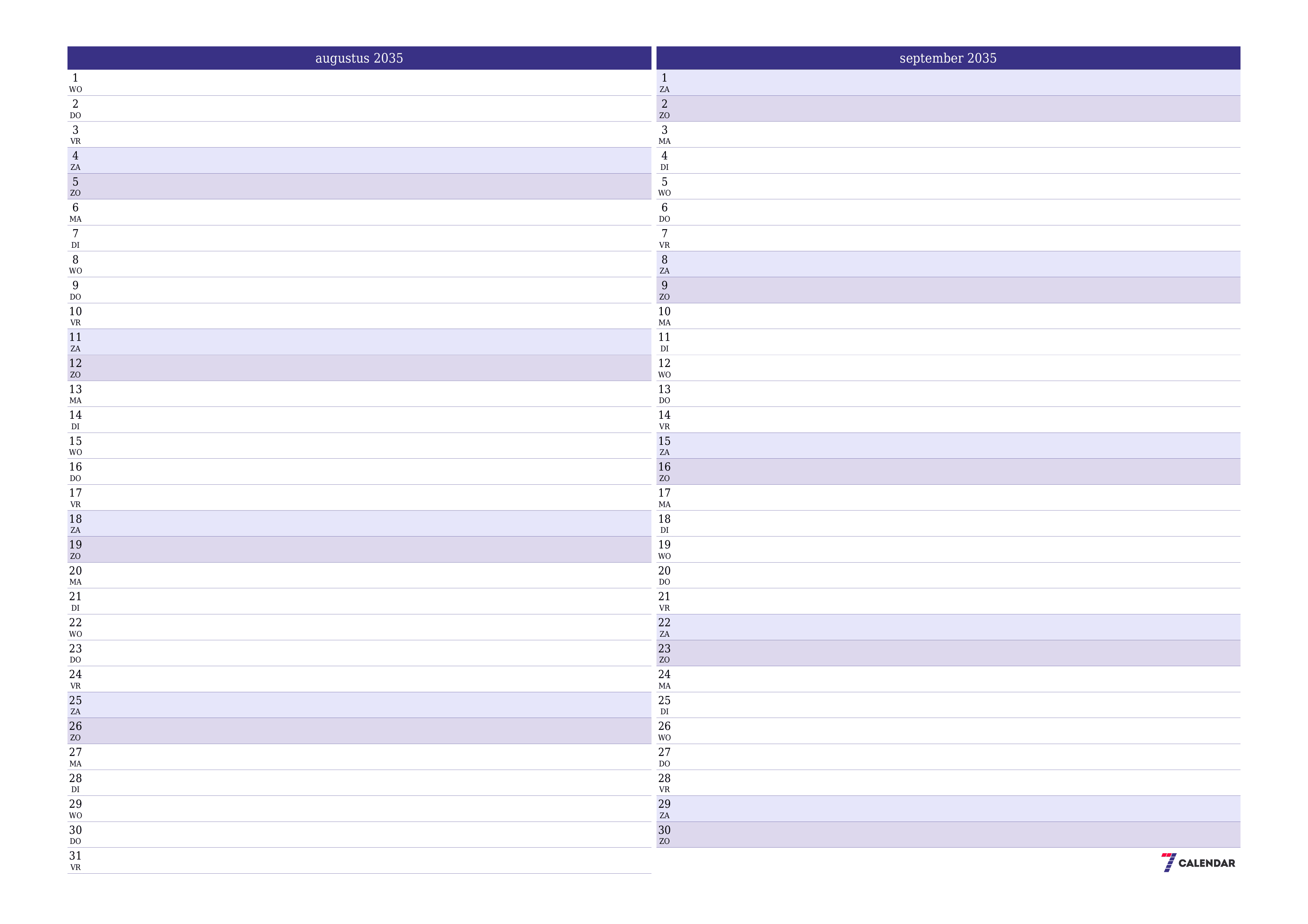 Lege maandplanner voor maand augustus 2035 met notities, opslaan en afdrukken naar pdf PNG Dutch