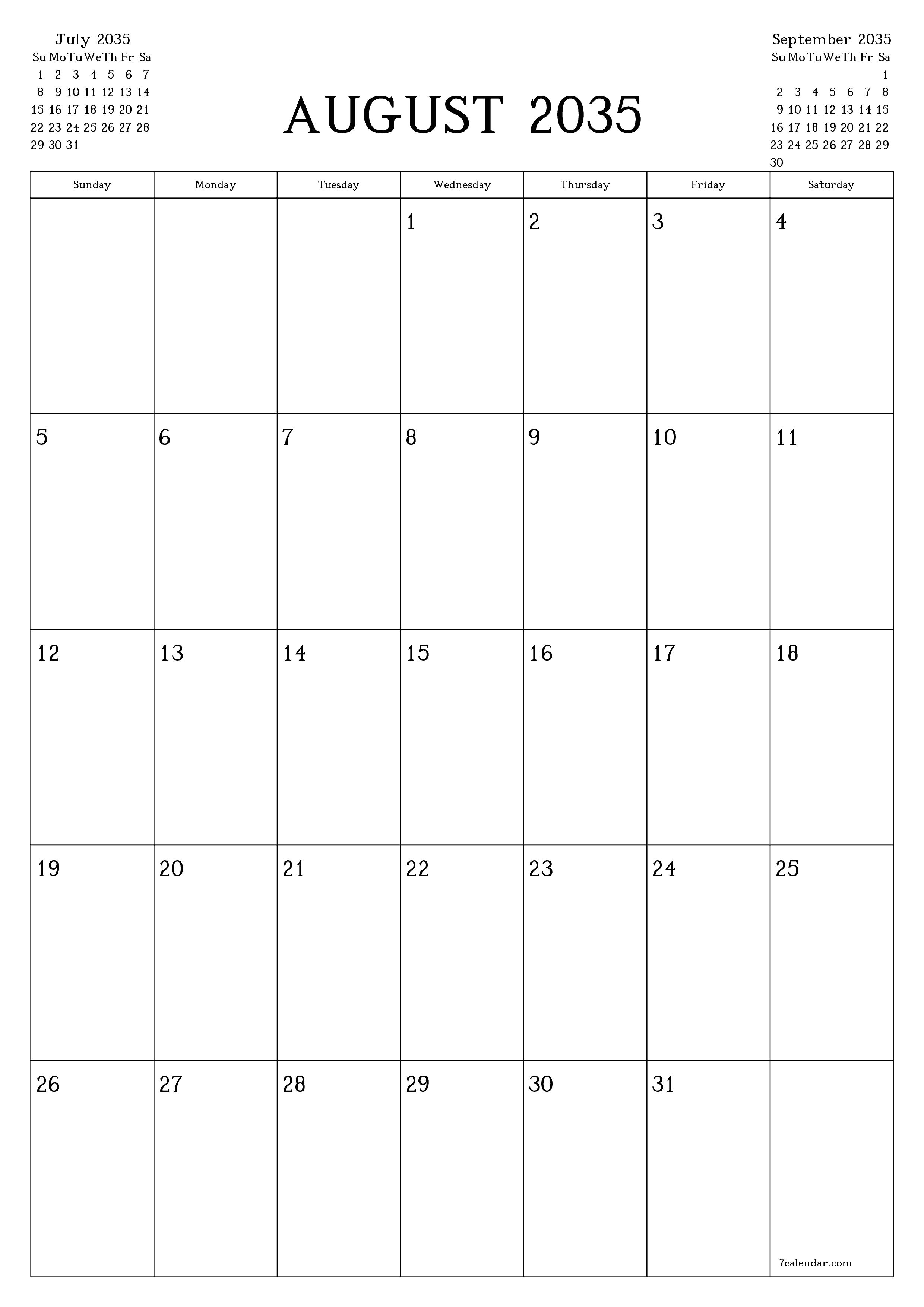 printable wall template free vertical Monthly planner calendar August (Aug) 2035