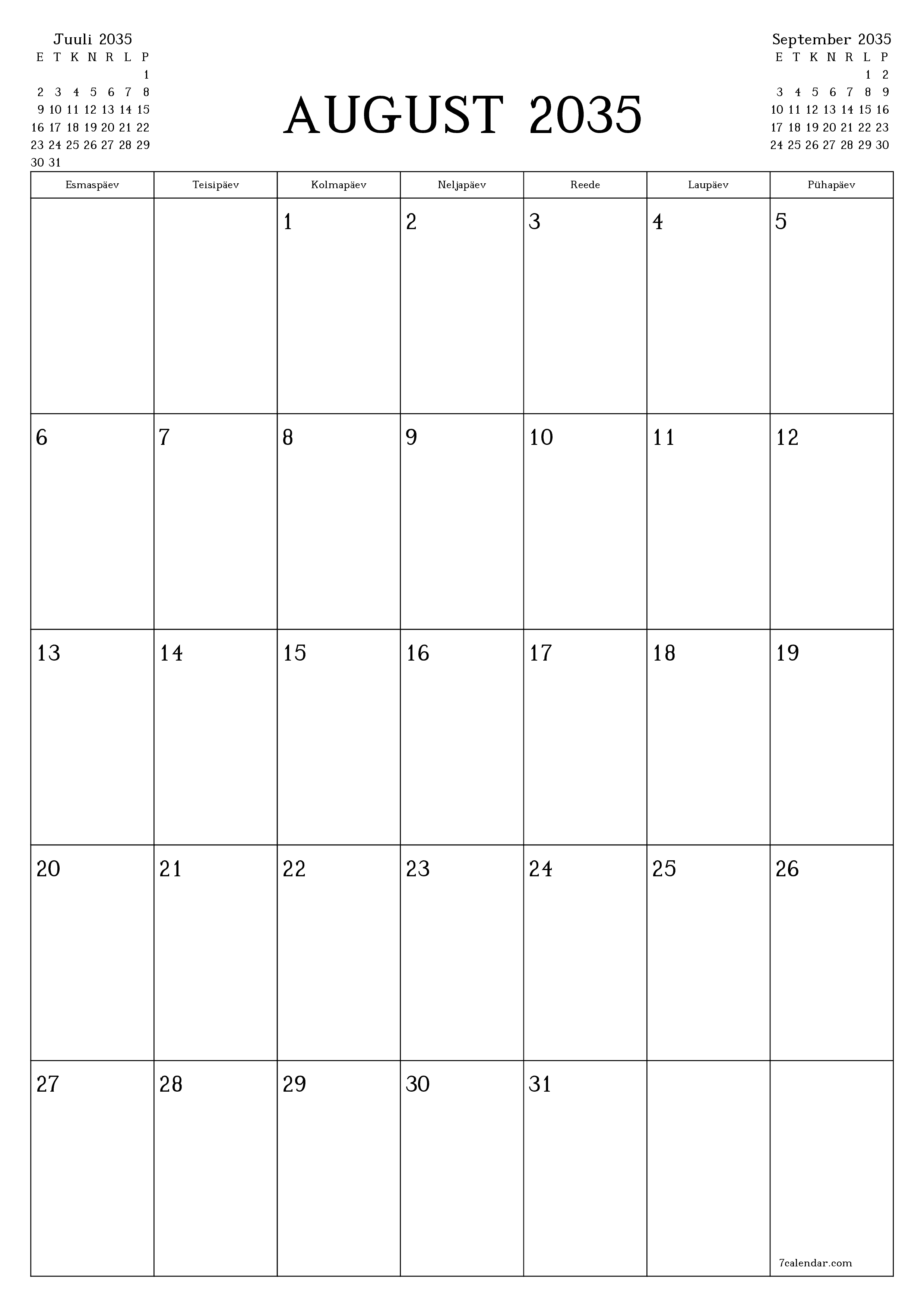 prinditav seina kalendri mall tasuta vertikaalne Igakuine planeerija kalender August (Aug) 2035