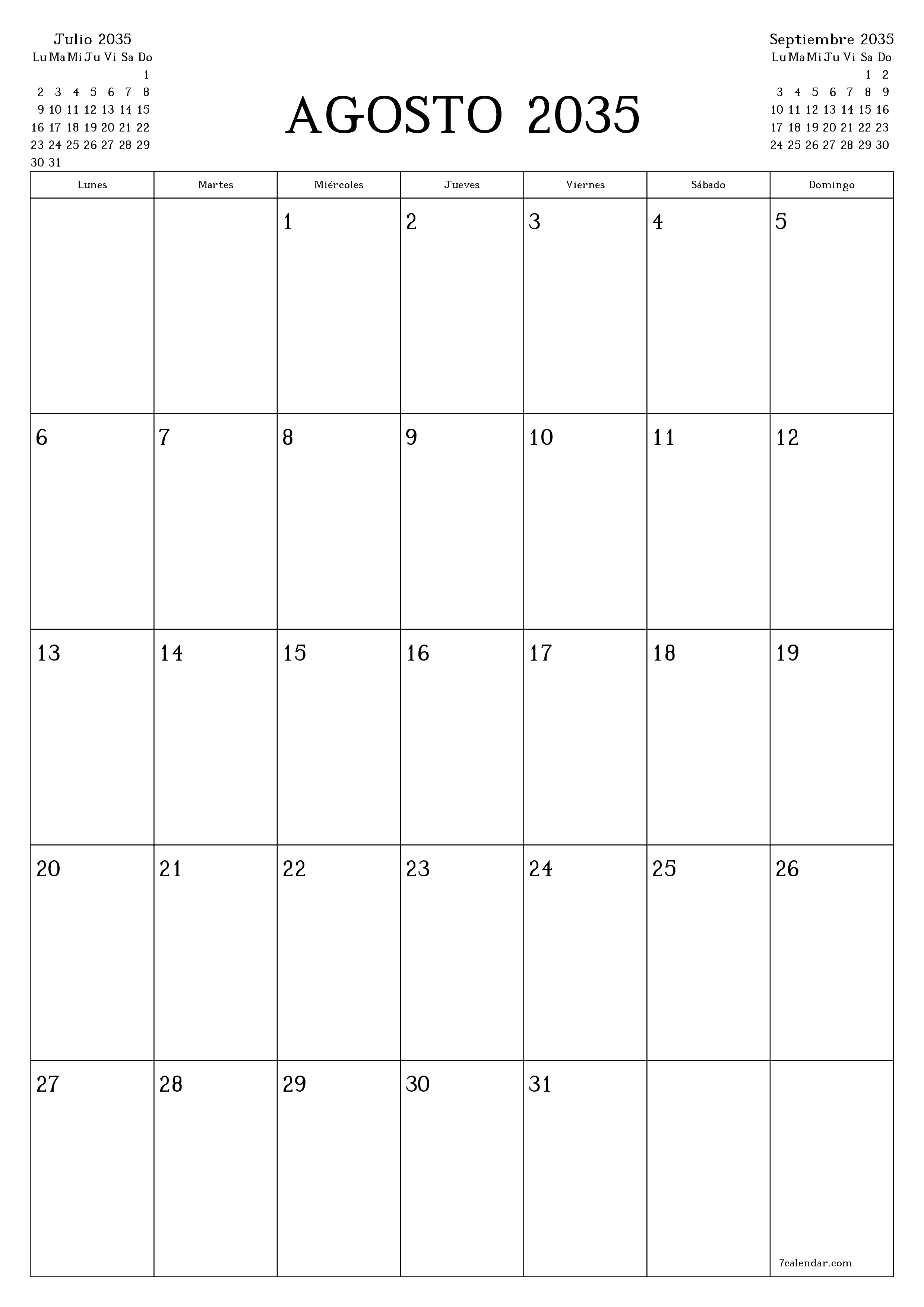  imprimible de pared plantilla de gratisvertical Mensual planificador calendario Agosto (Ago) 2035