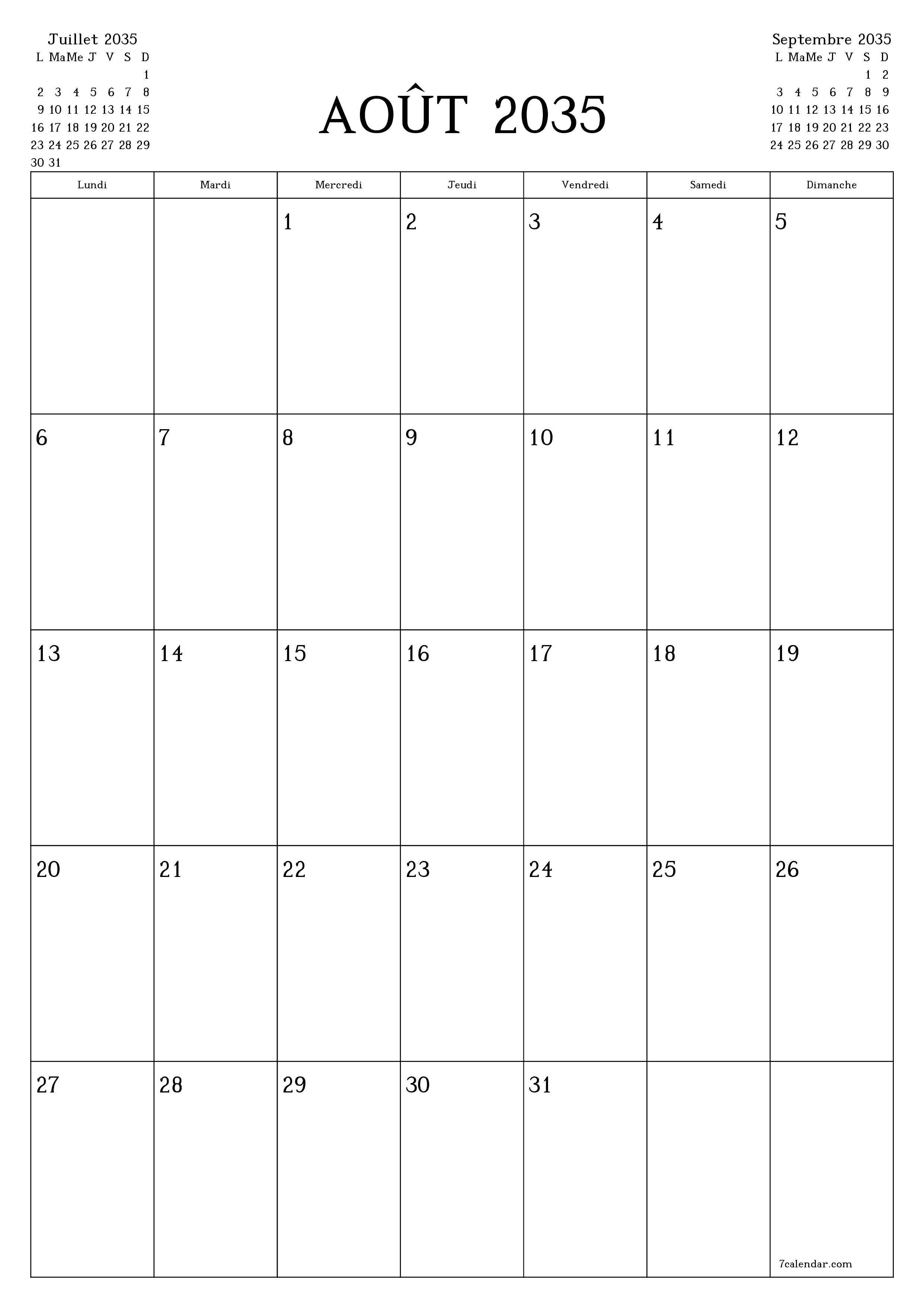  imprimable mural modèle de gratuitverticale Mensuel planificateur calendrier Août (Aou) 2035