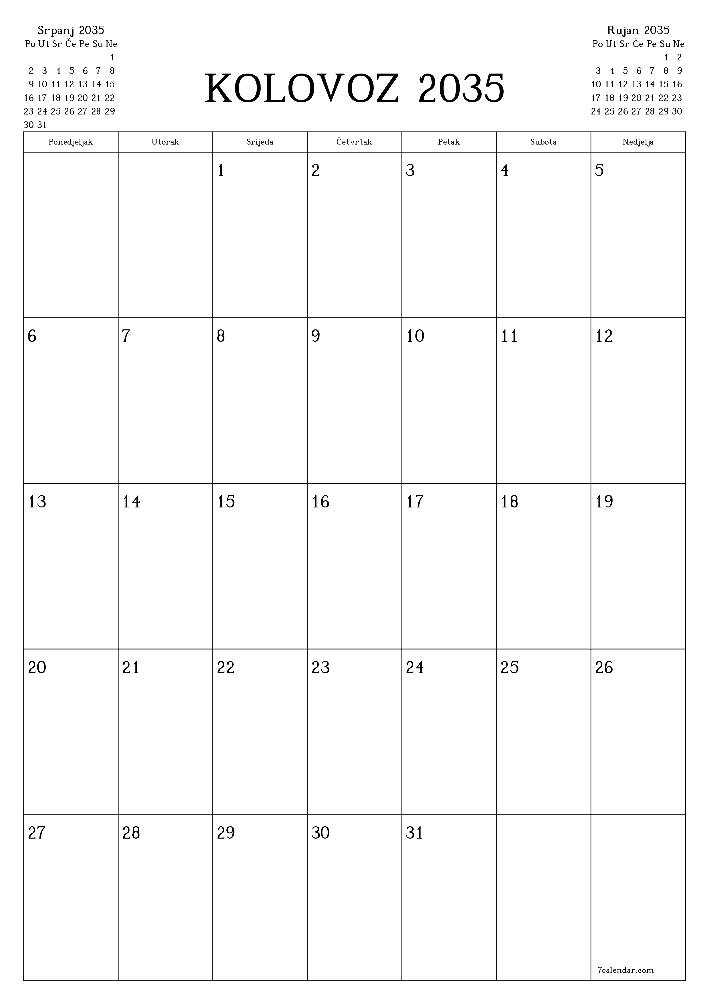  za ispis zidni predložak a besplatni okomito Mjesečni planer kalendar Kolovoz (Kol) 2035