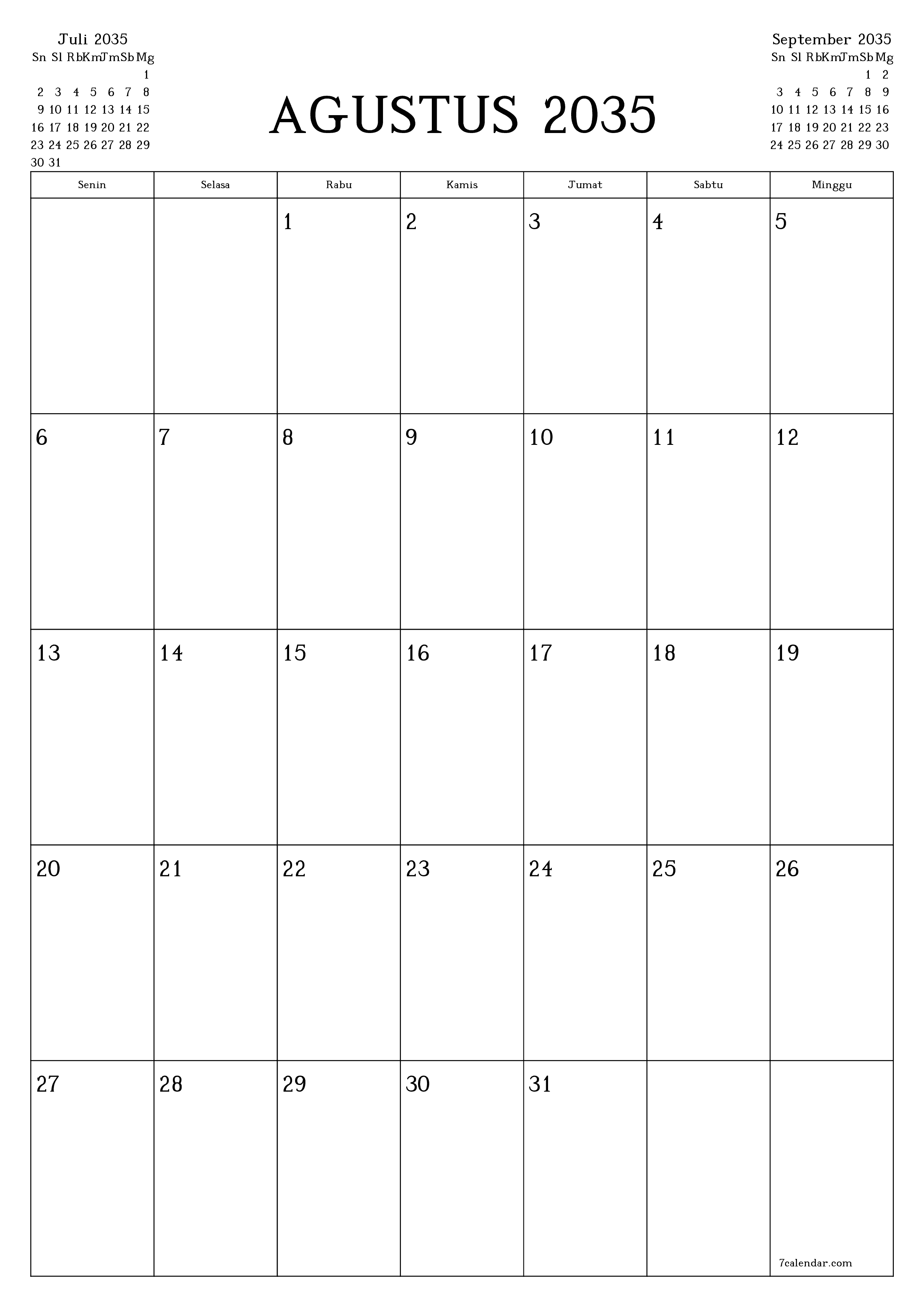  yang dapat dicetak dinding templat gratisvertikal Bulanan perencana kalender Agustus (Agt) 2035