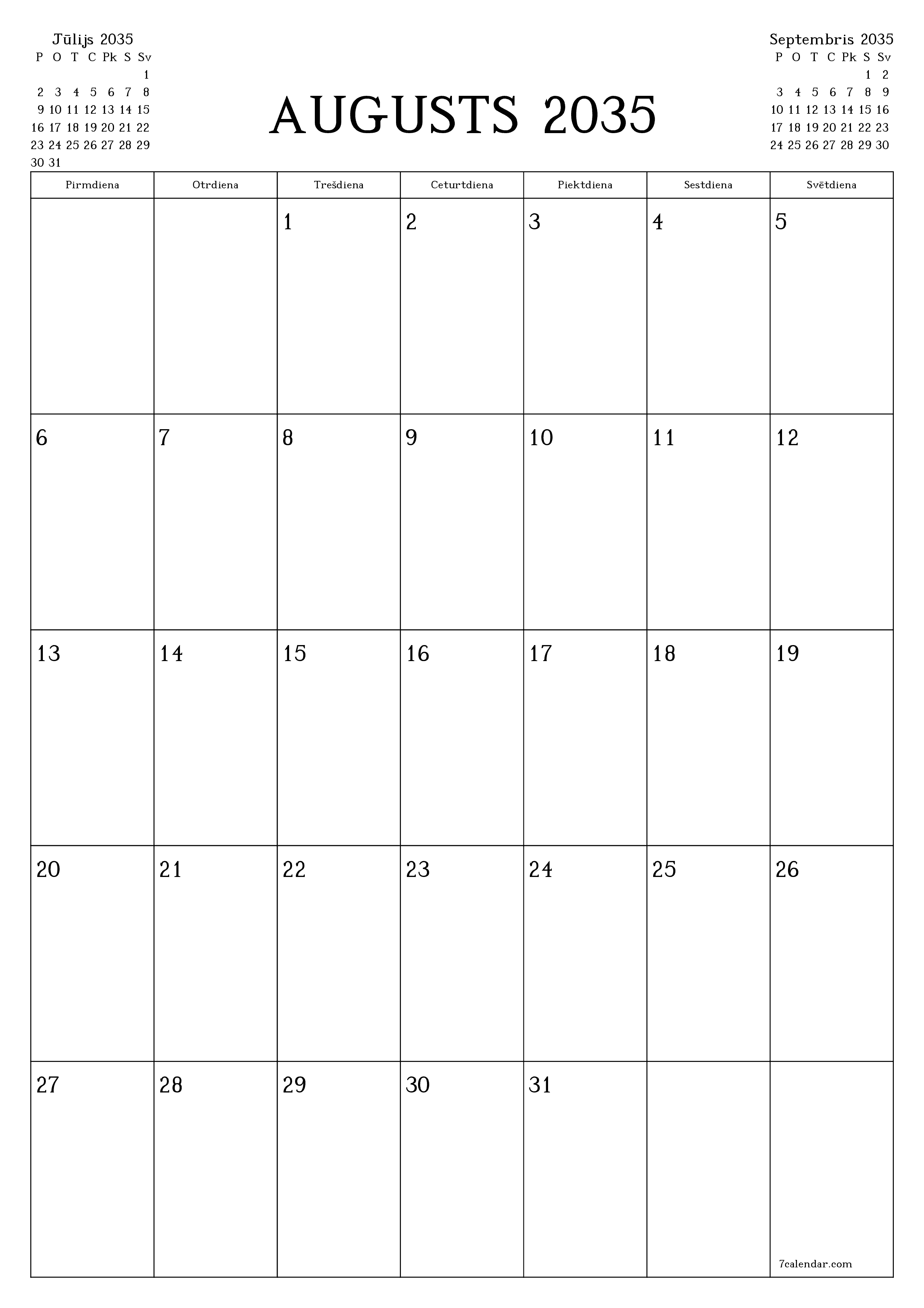 izdrukājams sienas kalendāra veidne bezmaksas vertikāli Mēneša plānotājs kalendārs Augusts (Aug) 2035