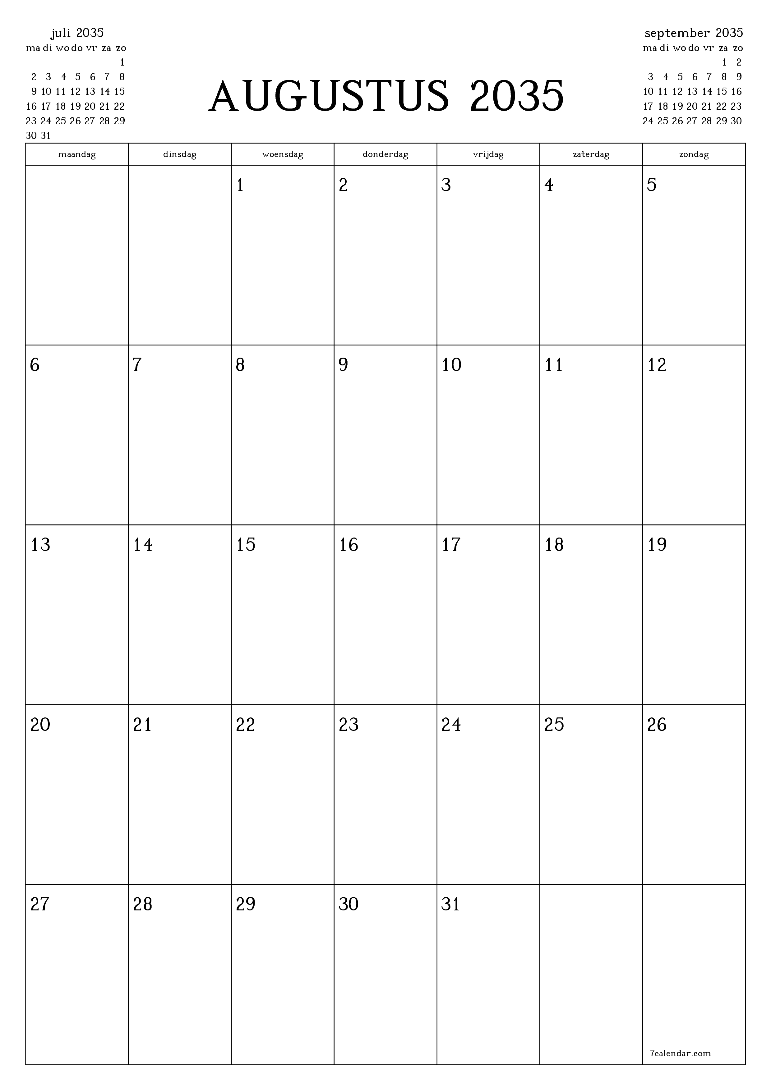 afdrukbare muur sjabloon gratis verticaal Maandelijks planner kalender augustus (aug) 2035