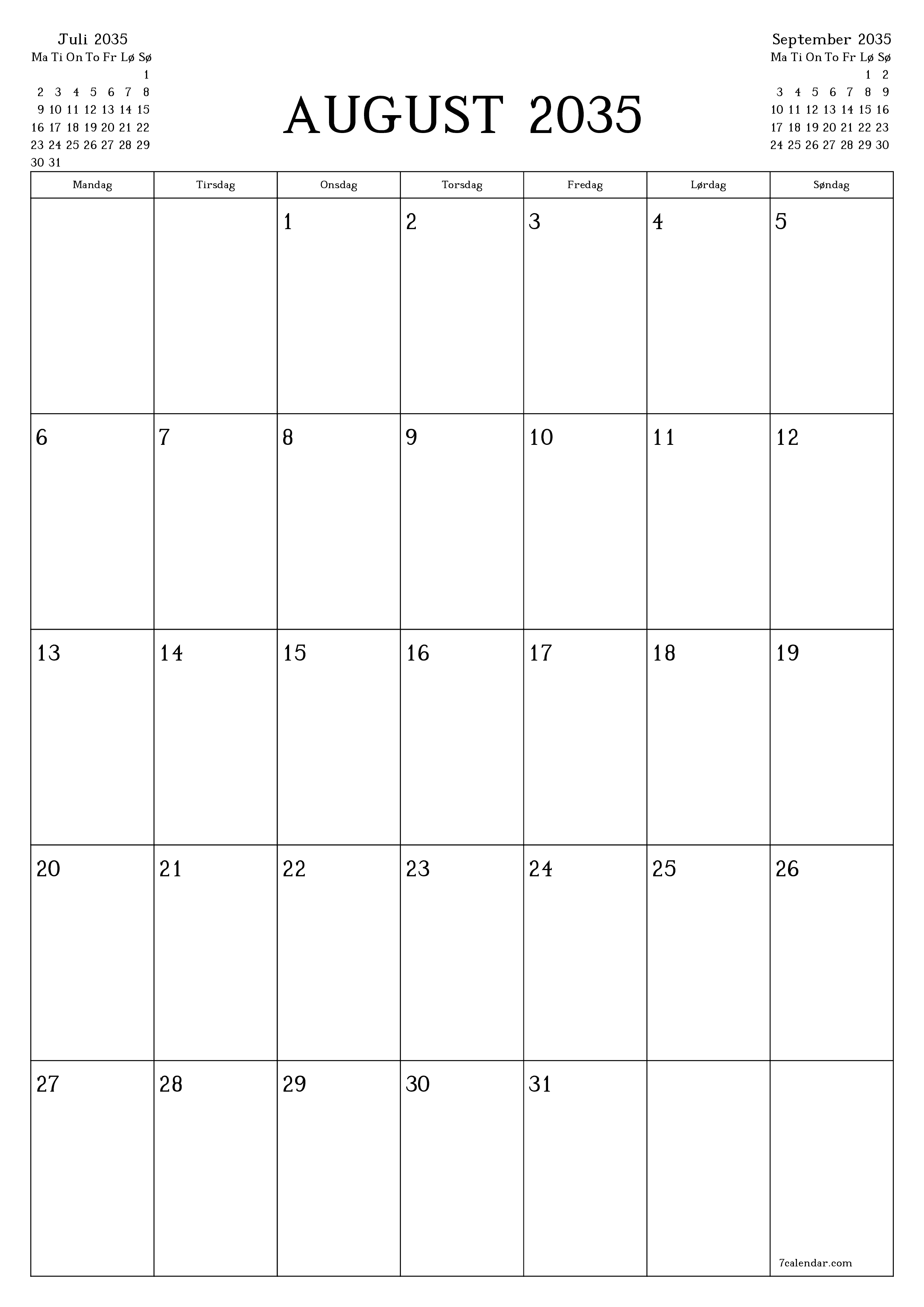 utskrivbar vegg mal gratis vertikal Månedlig planlegger kalender August (Aug) 2035