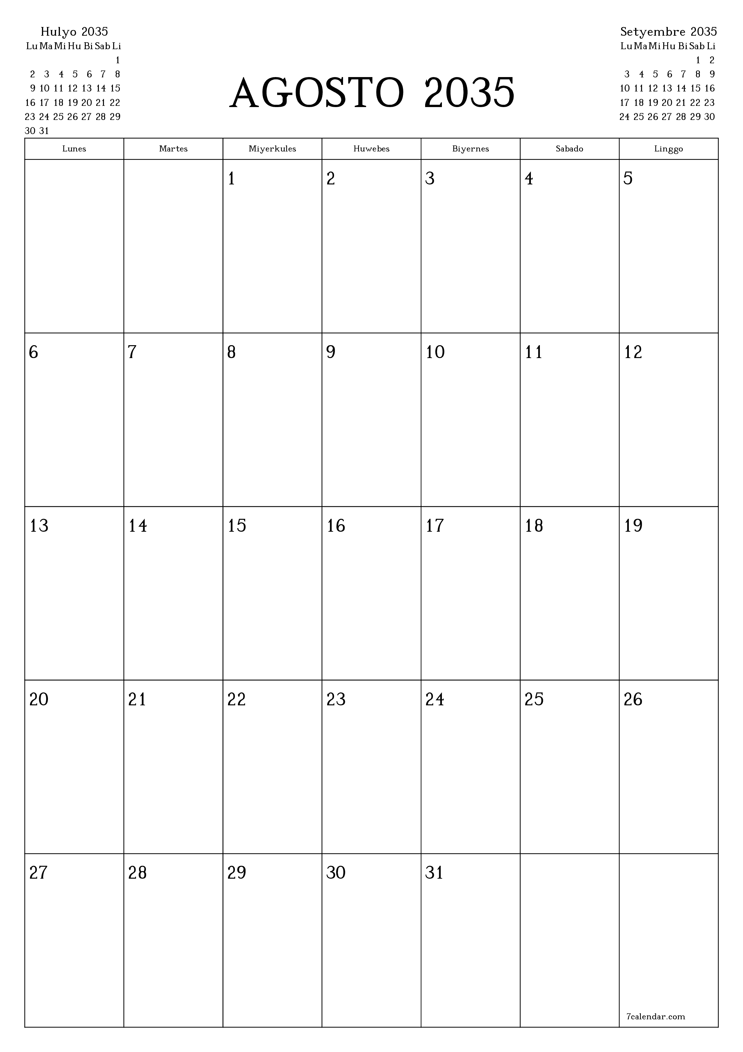Walang laman na buwanang tagaplano para sa buwan na Agosto 2035 na may mga tala, i-save at i-print sa PDF PNG Filipino