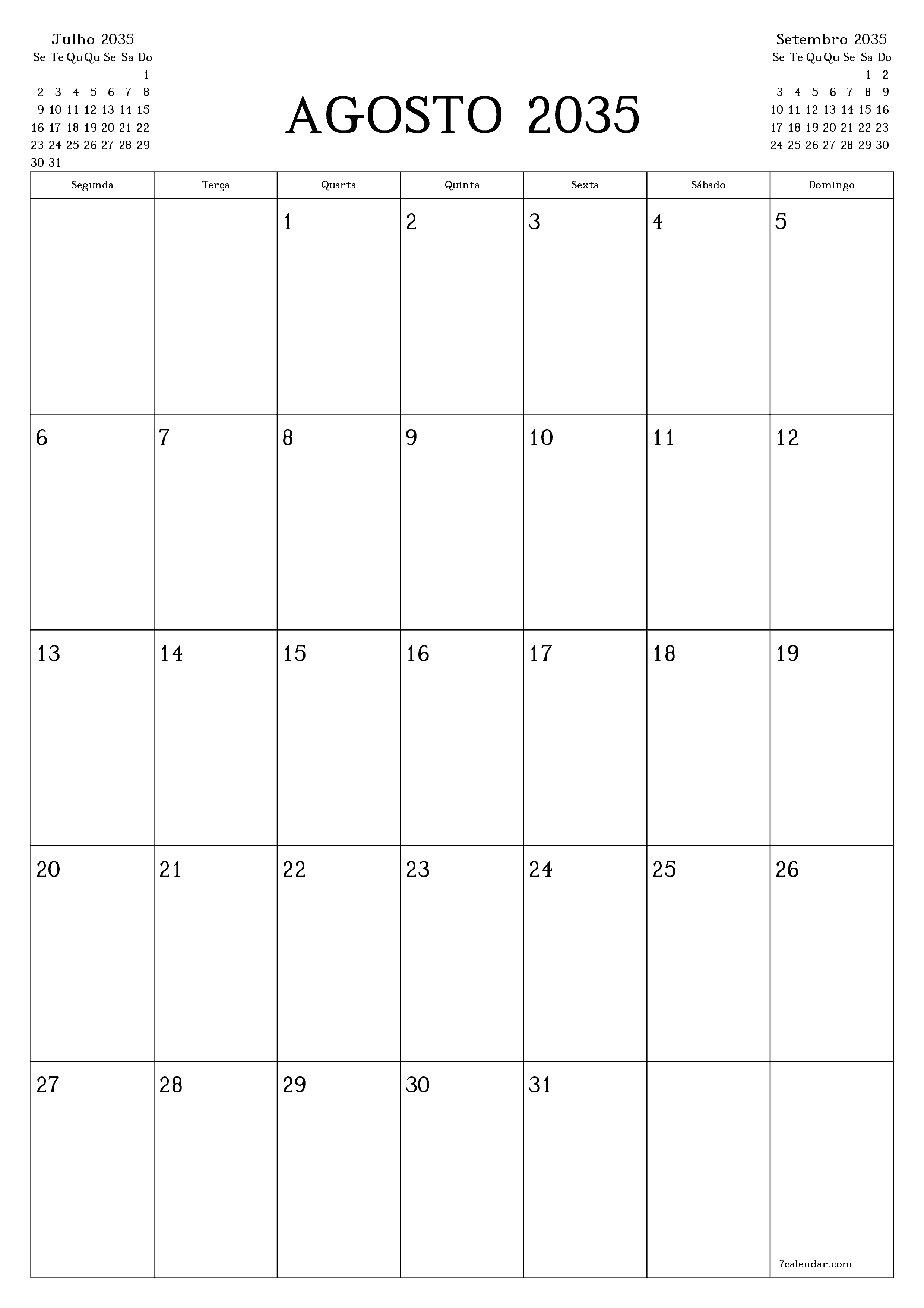  para impressão de parede modelo de grátisvertical Mensal planejador calendário Agosto (Ago) 2035