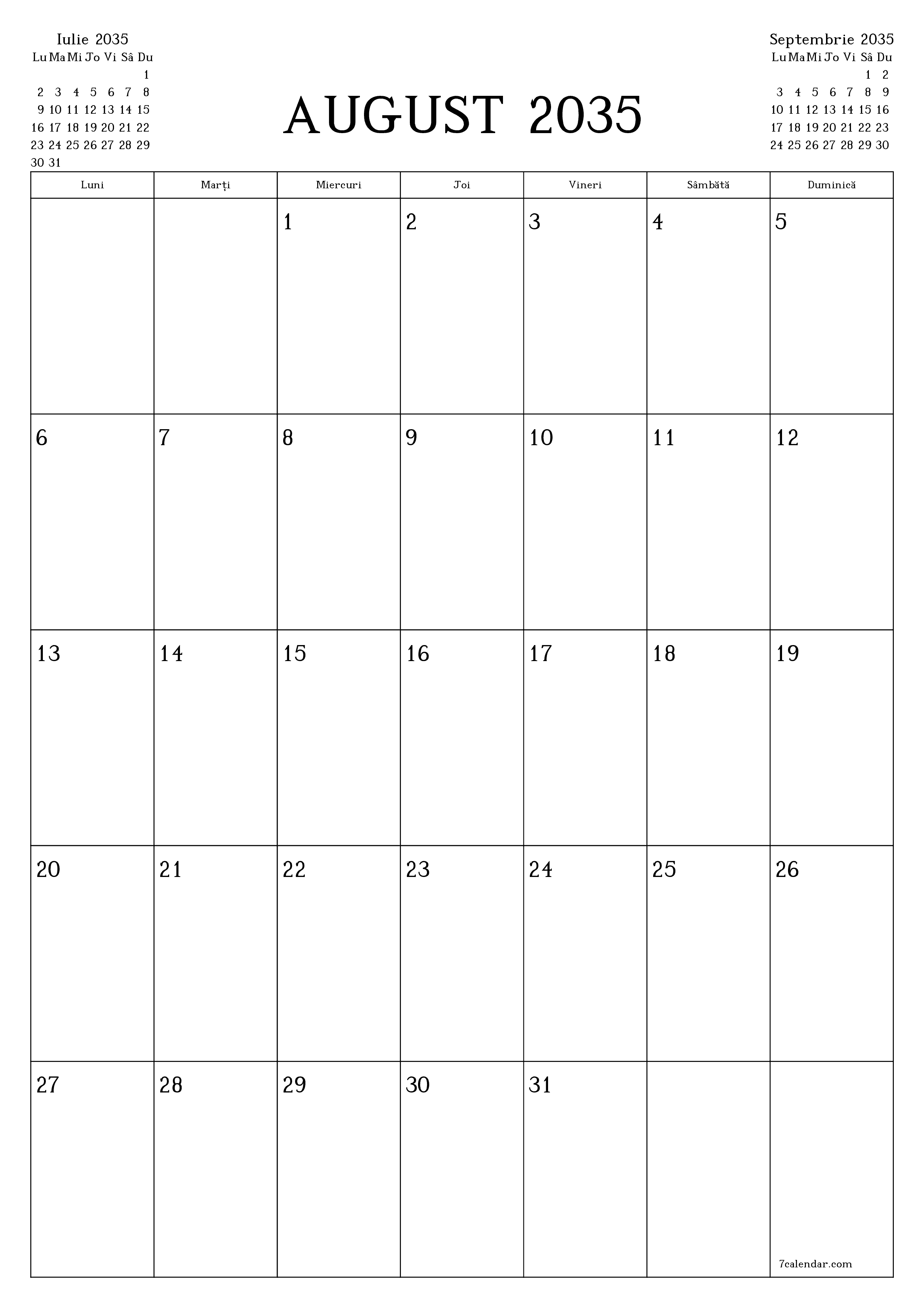  imprimabil de perete șablon de gratuitvertical Lunar planificator calendar August (Aug) 2035