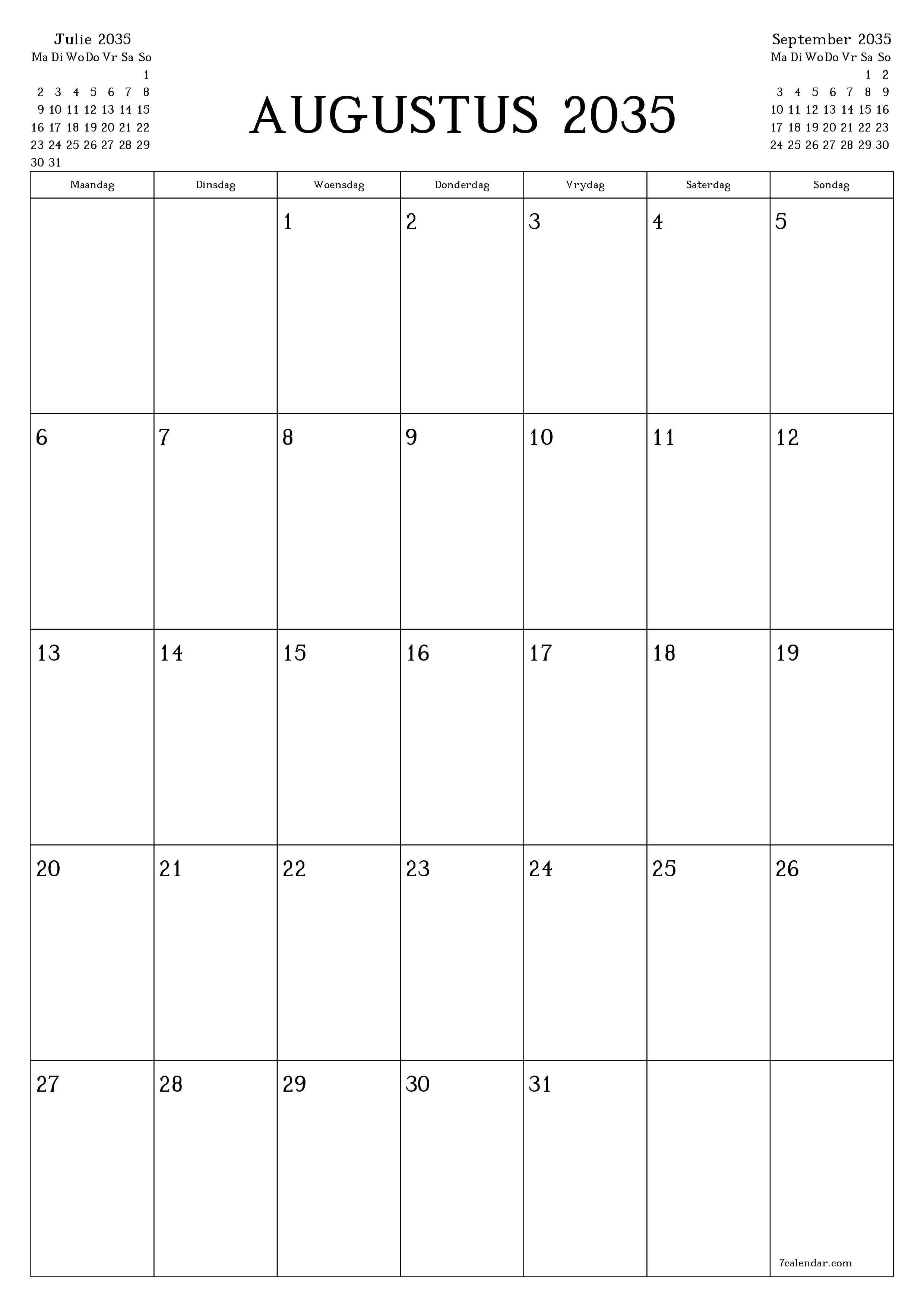 drukbare muur template gratis vertikaal Maandeliks beplanner kalender Augustus (Aug) 2035
