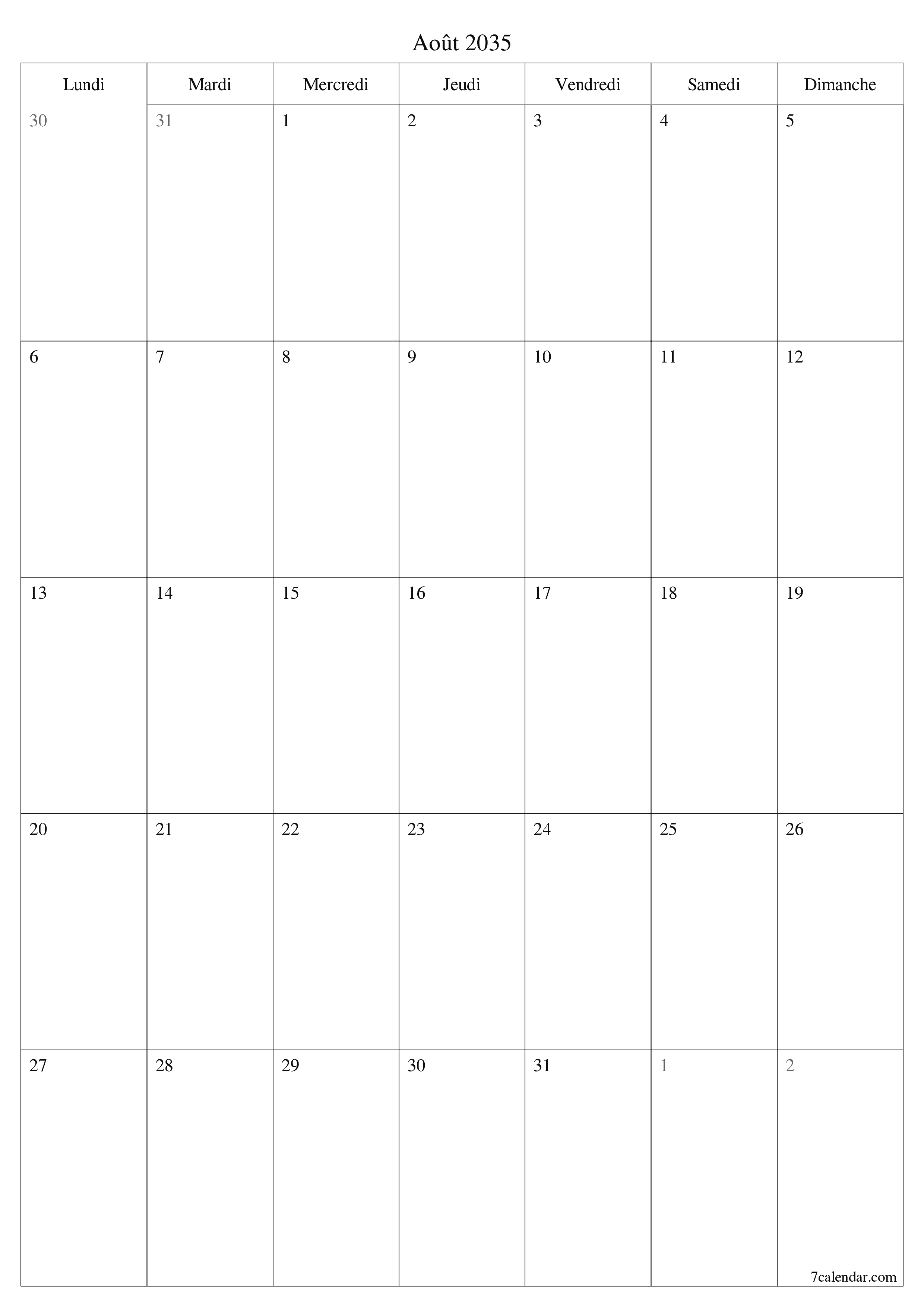  imprimable mural modèle de gratuitverticale Mensuel planificateur calendrier Août (Aou) 2035