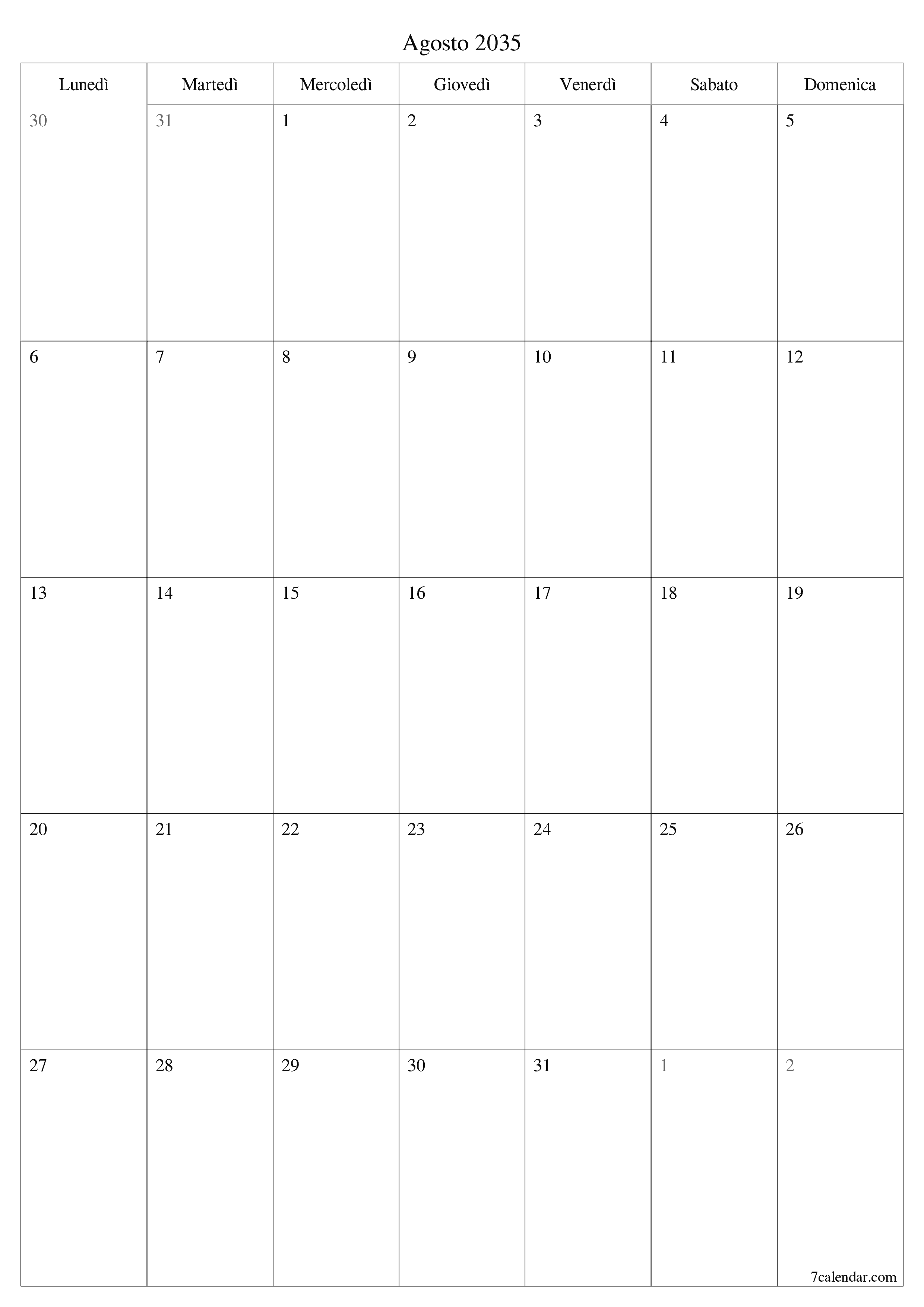 stampabile da parete modello di gratuitoverticale Mensile pianificatore calendario Agosto (Ago) 2035
