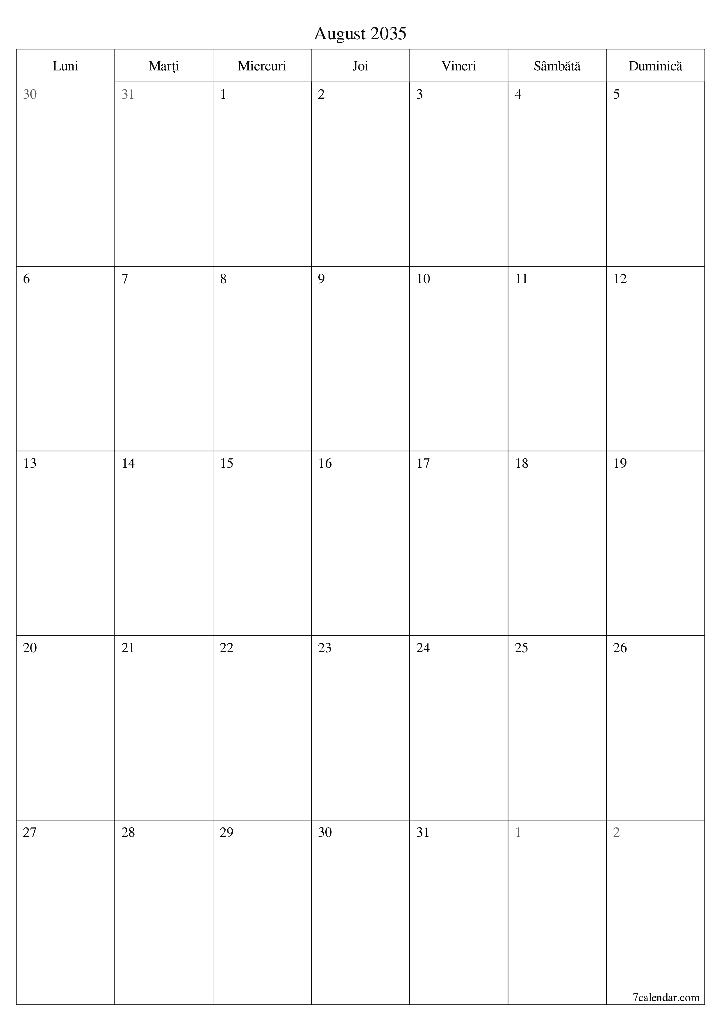  imprimabil de perete șablon de gratuitvertical Lunar planificator calendar August (Aug) 2035