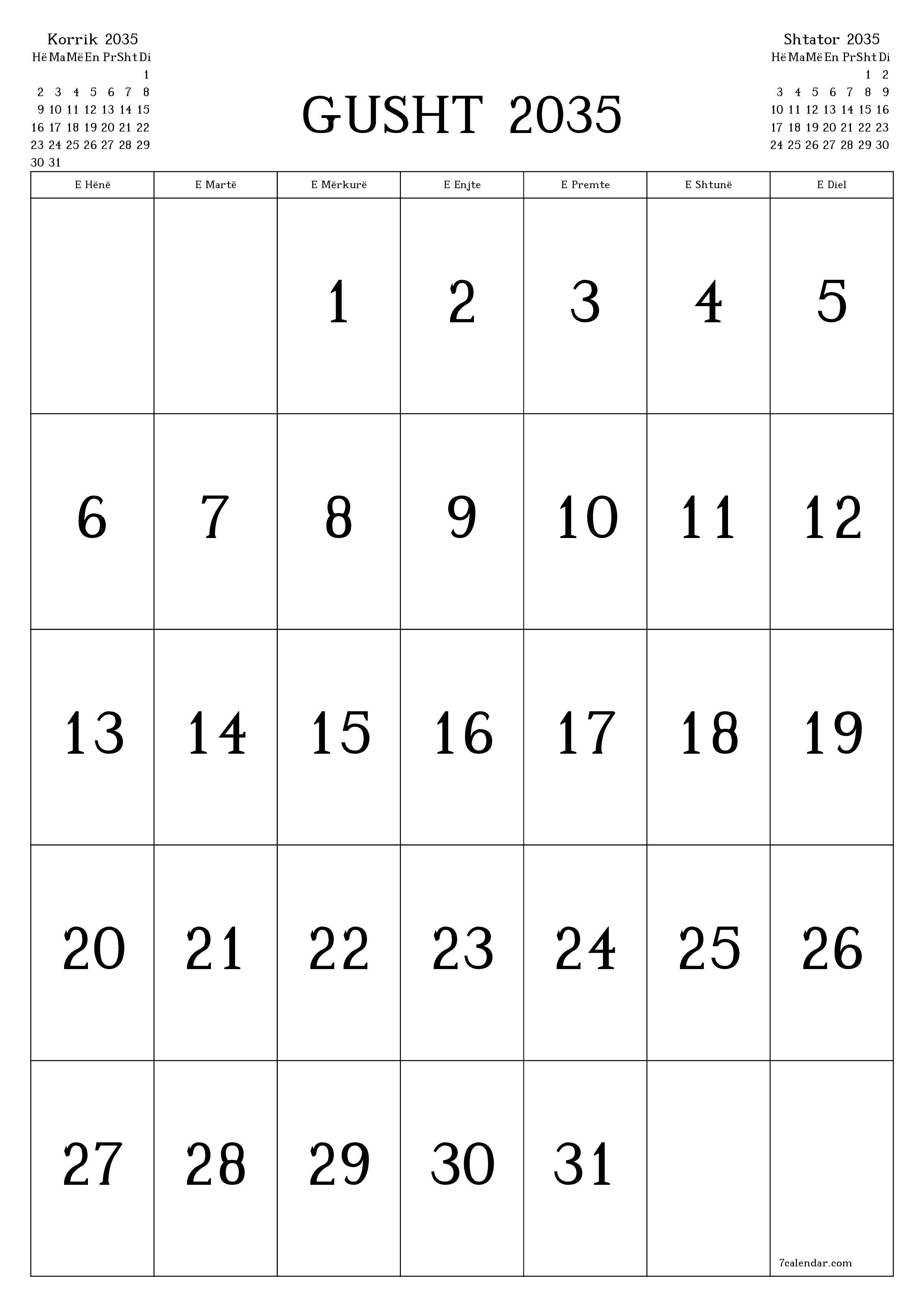  i printueshëm muri shabllon falasvertikale mujore kalendar Gusht (Gu) 2035