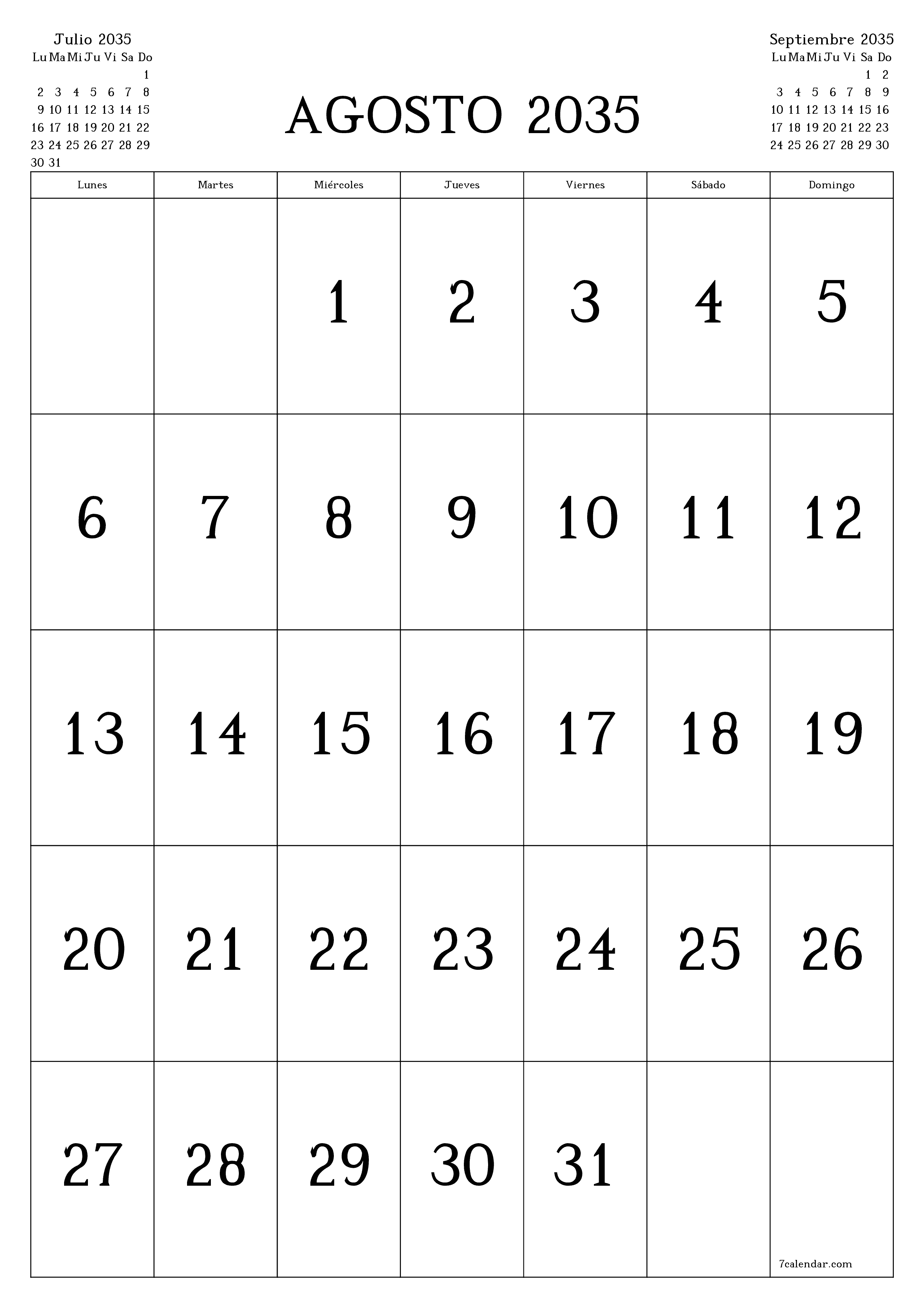  imprimible de pared plantilla de gratisvertical Mensual calendario Agosto (Ago) 2035