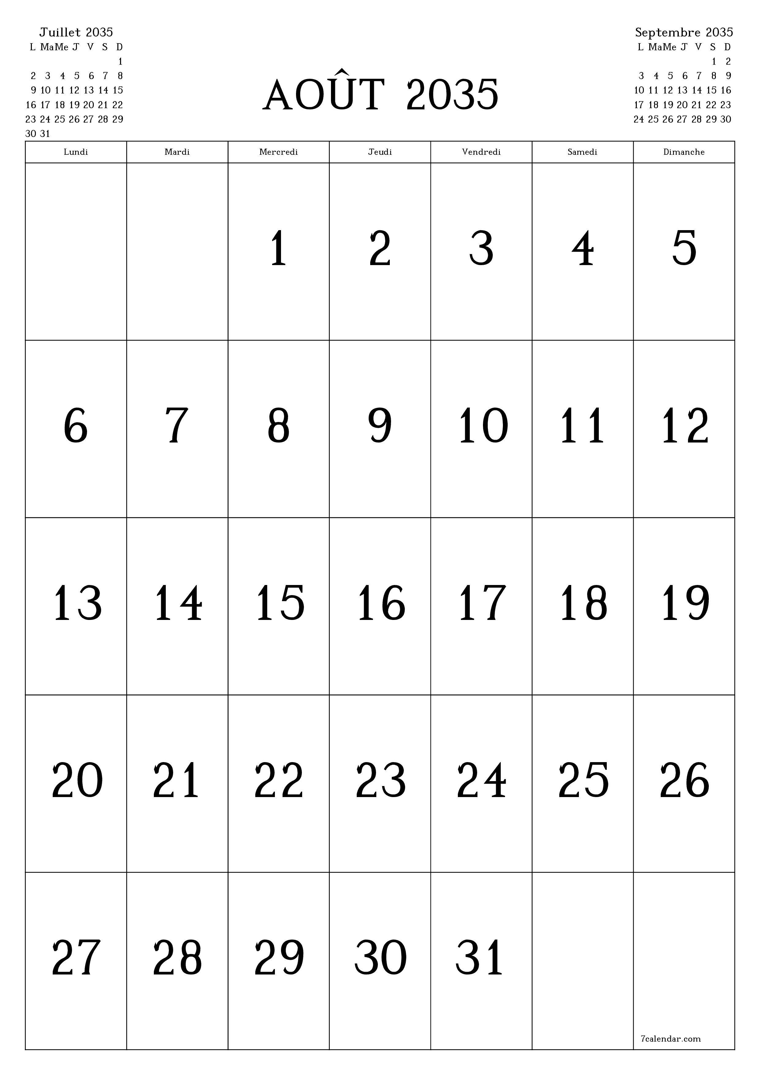  imprimable mural modèle de gratuitverticale Mensuel calendrier Août (Aou) 2035