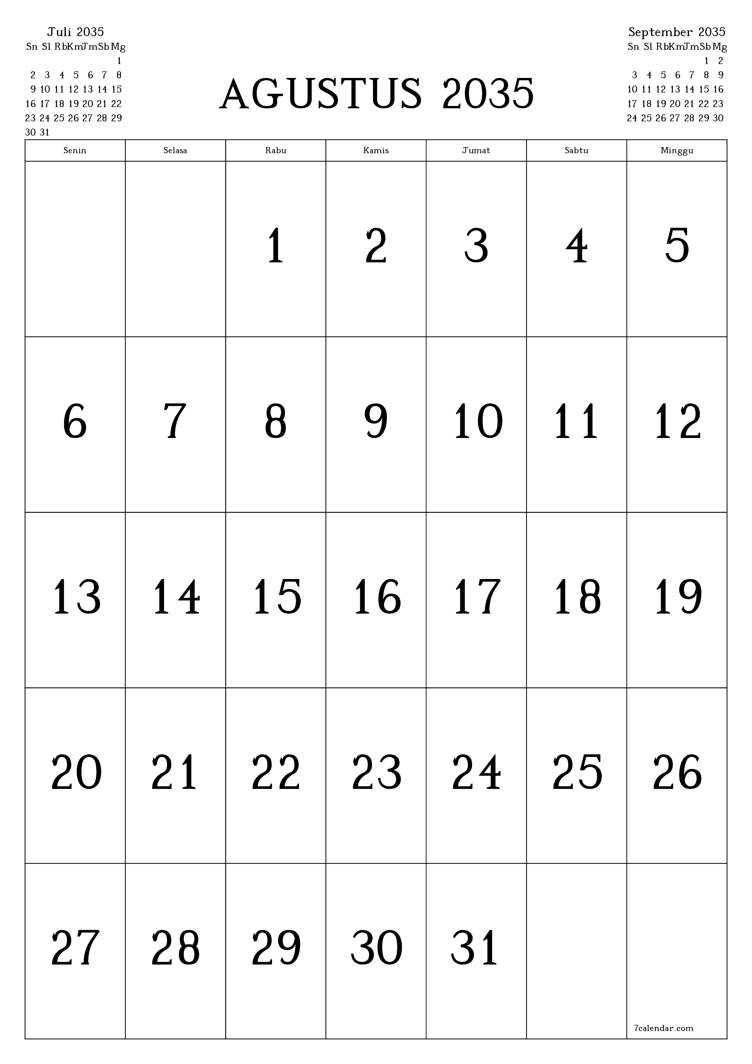  yang dapat dicetak dinding templat gratisvertikal Bulanan kalender Agustus (Agt) 2035